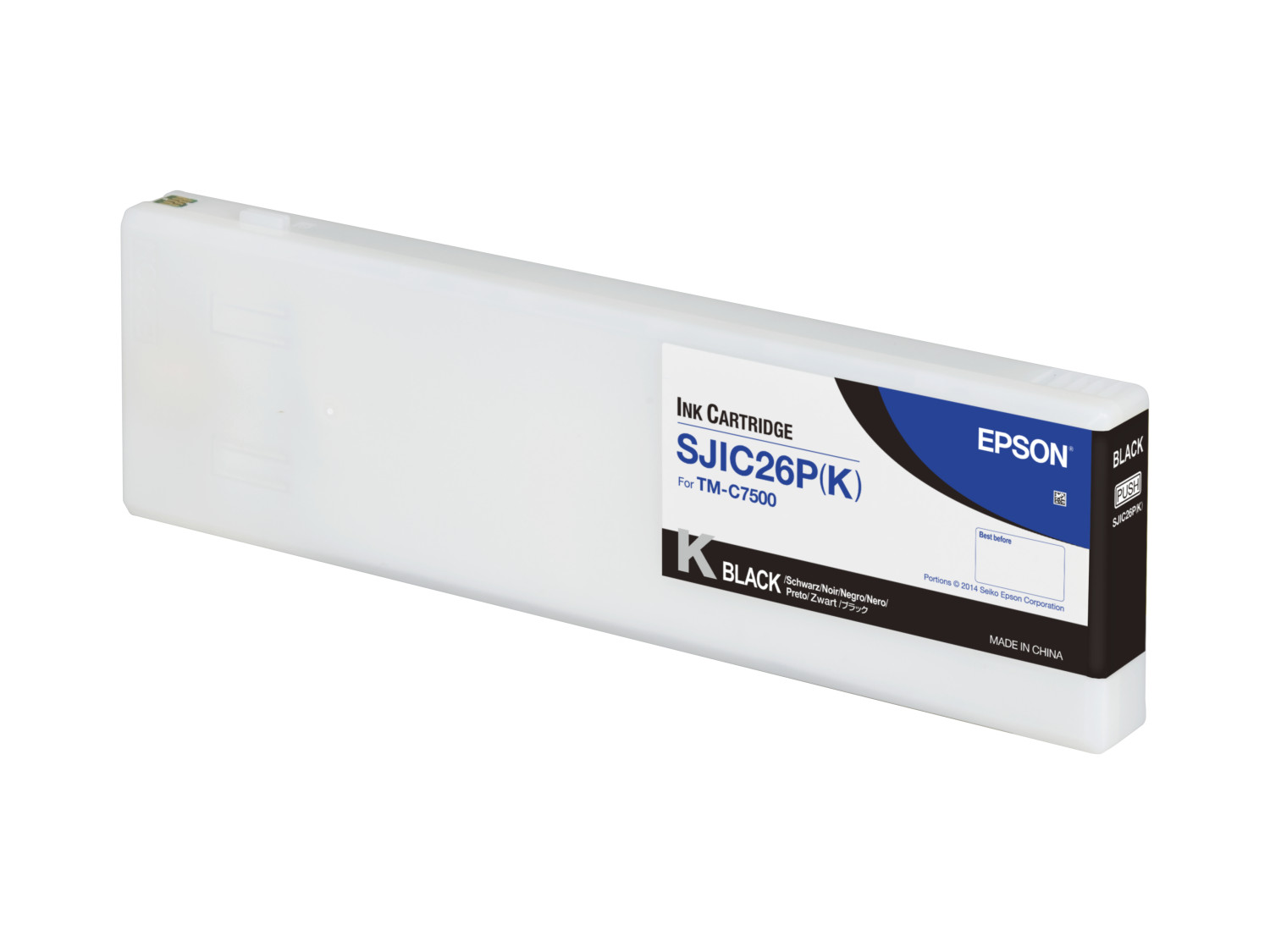 Cartucho de tinta negro Epson. El cartucho es rectangular y blanco con texto negro y azul.