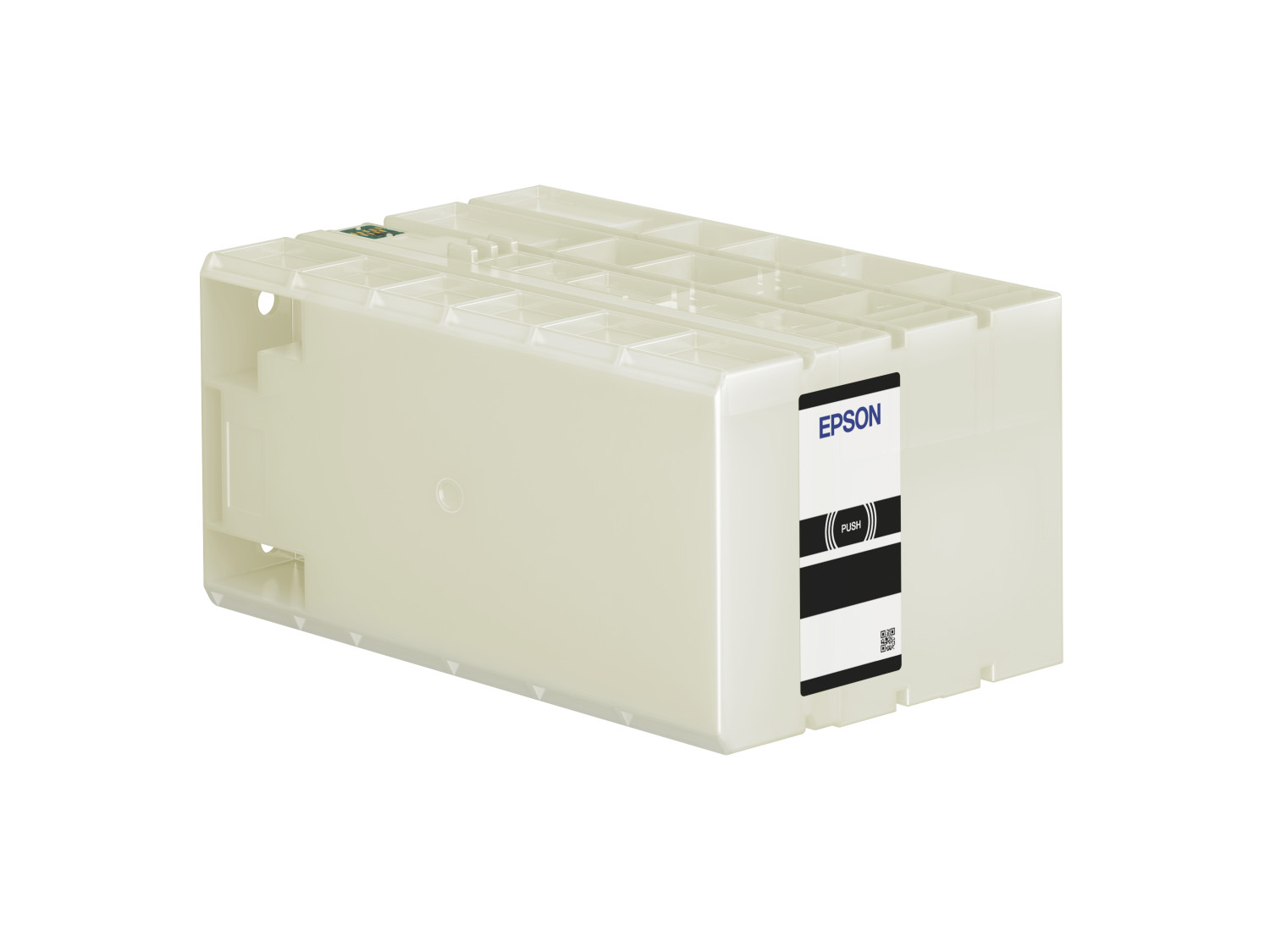 Cremefarbene Epson Tintenpatrone auf weißem Hintergrund.