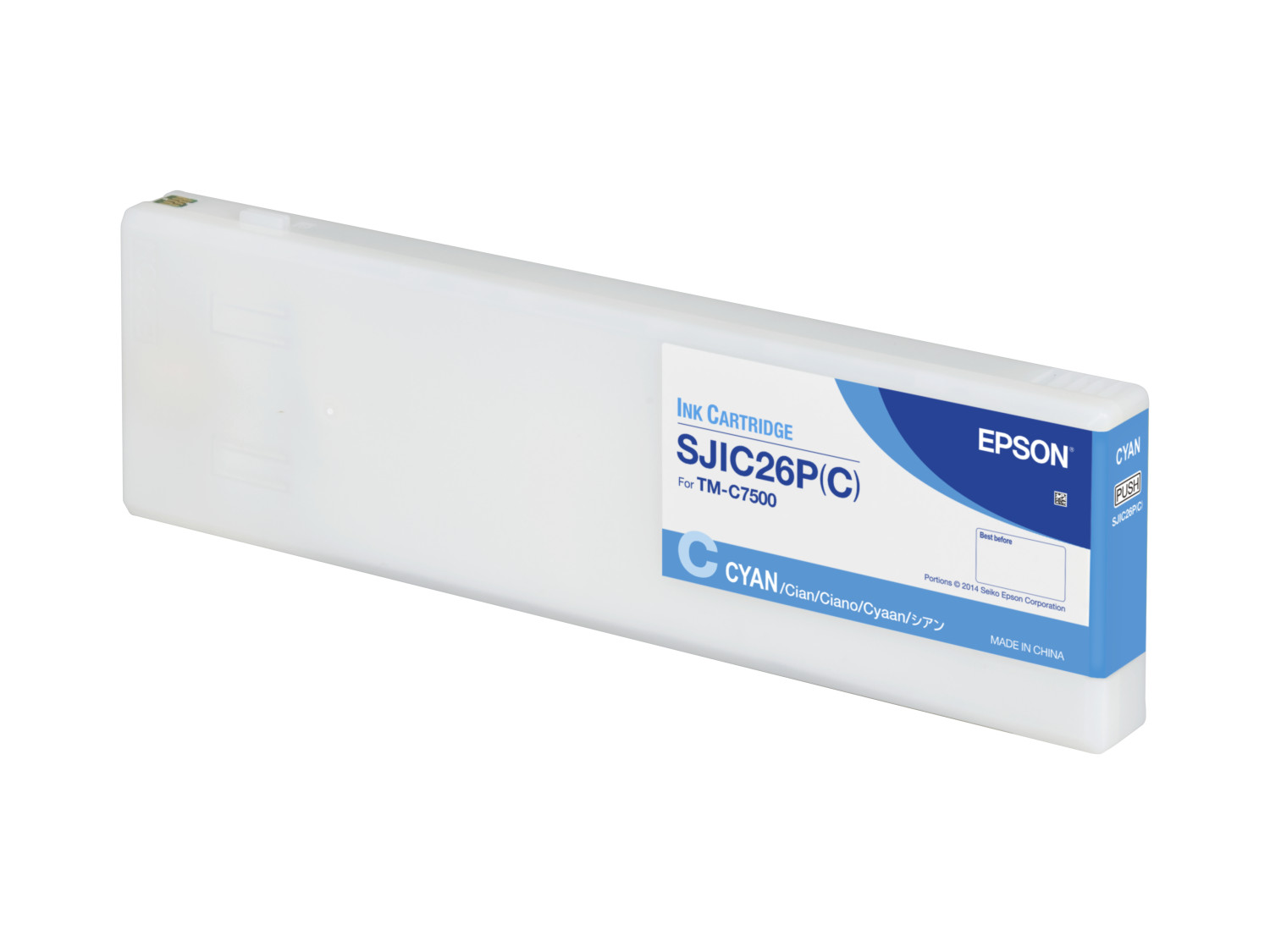 Cartuccia d'inchiostro ciano con corpo bianco ed etichetta blu, marca Epson.