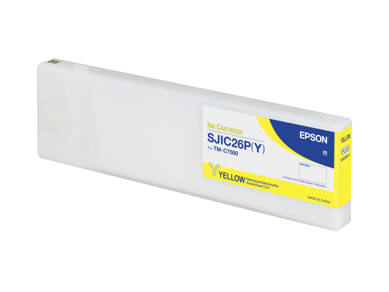 Gele inktcartridge met gele tekst en label. Witte achtergrond.