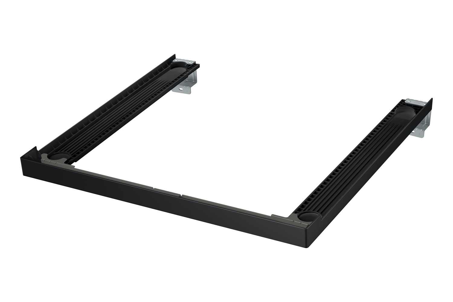 Czarny stojak na urządzenie na białym tle, w kształcie litery U.