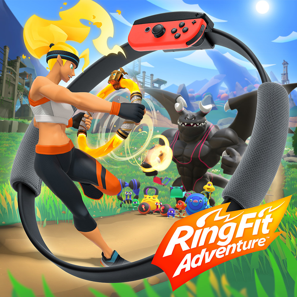 Una mujer usando una configuración de Ring Fit Adventure. Un personaje del juego y un monstruo son visibles.
