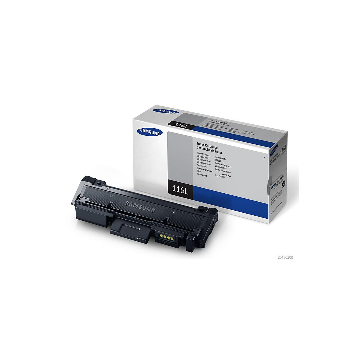 Una cartuccia toner Samsung 116L e la sua scatola su sfondo bianco. La scatola è etichettata 116L.