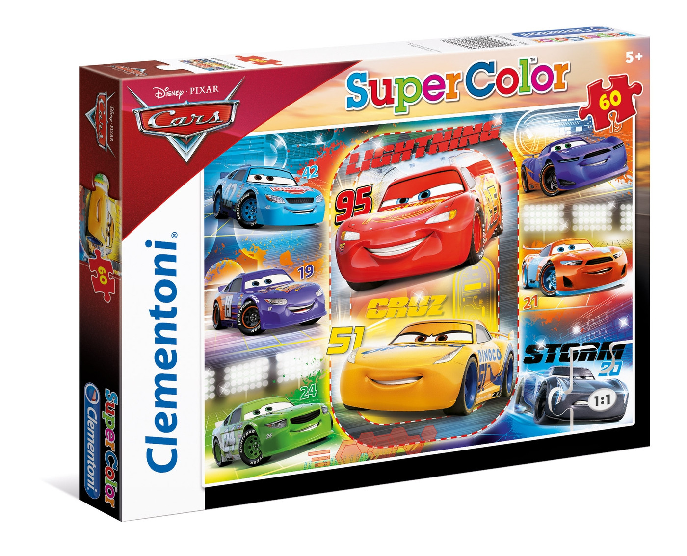 Una scatola di puzzle a tema 'Cars', che mostra varie auto da corsa su una pista.