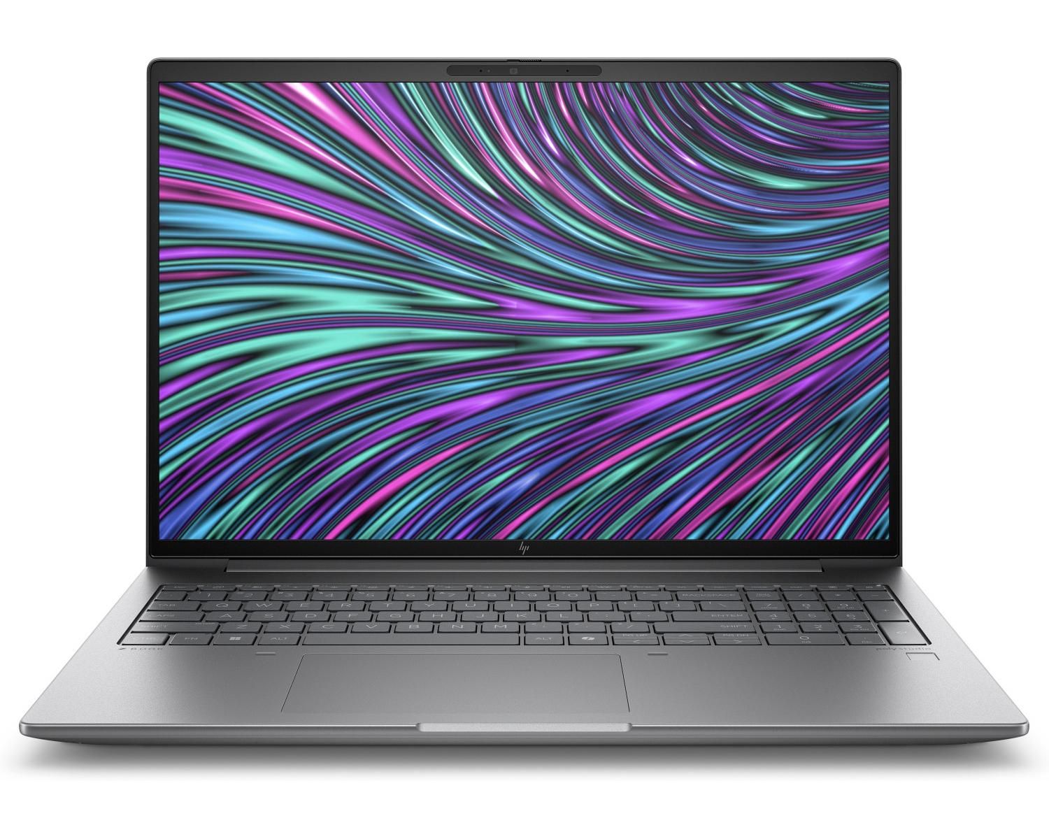 Un laptop argentato con schermo colorato. Lo schermo mostra un motivo a onde.