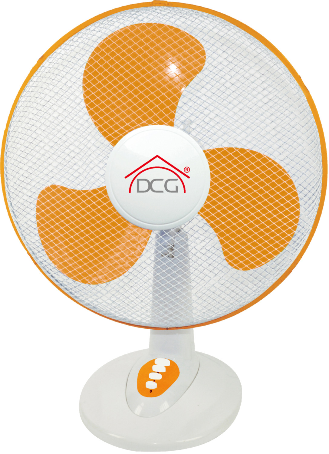 Ventilatore bianco con pale arancioni e base bianca. Il ventilatore ha un logo DCG e comandi arancioni.