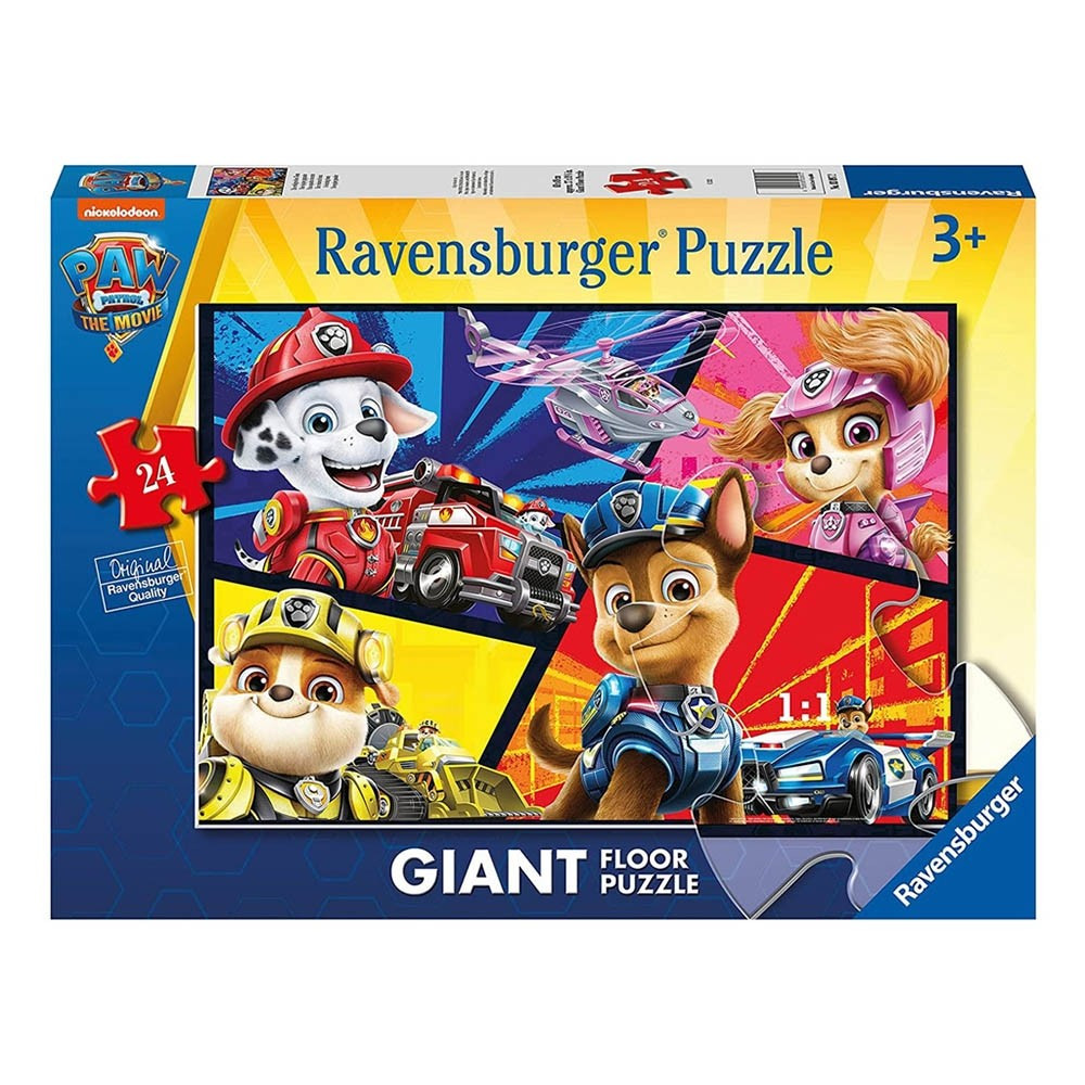 Una scatola di puzzle con personaggi di Paw Patrol. La scatola mostra l'immagine del puzzle con i personaggi e i loghi.
