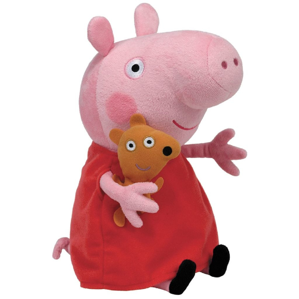 Ein rosa Peppa Wutz Plüschtier hält einen Teddybären. Es hat ein rotes Kleid und schwarze Schuhe.