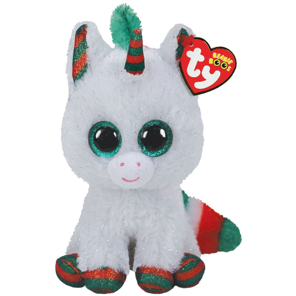 Ein weißes Einhorn-Stofftier mit grünem Horn und rot-grünen Akzenten und dem TY-Etikett.