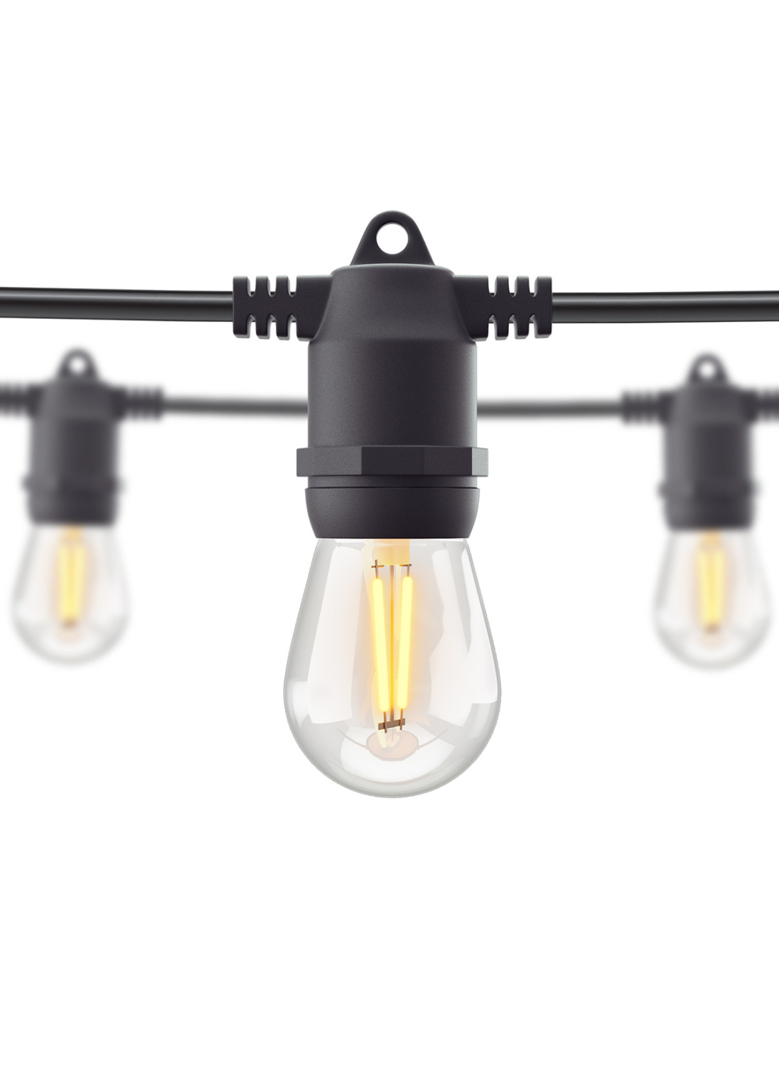 Szereg czarnych świateł zewnętrznych z przezroczystymi żarówkami, białe tło.