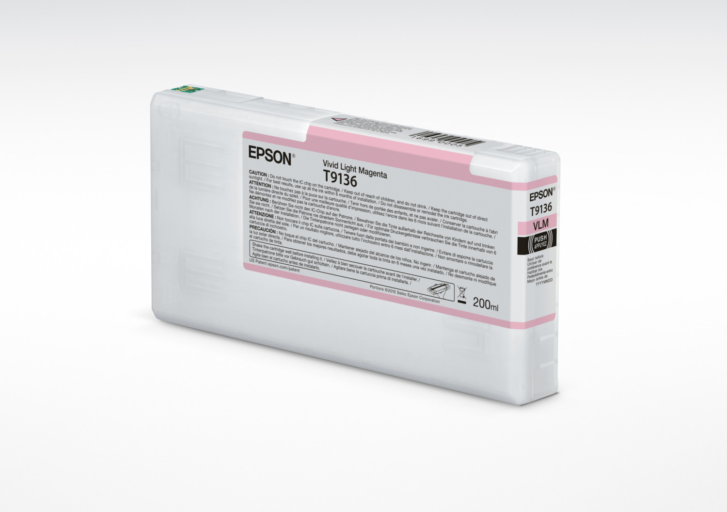 Epson Tintenpatrone, rosa Etikett, weiße Verpackung. Zeigt Tintendetails auf dem Etikett.