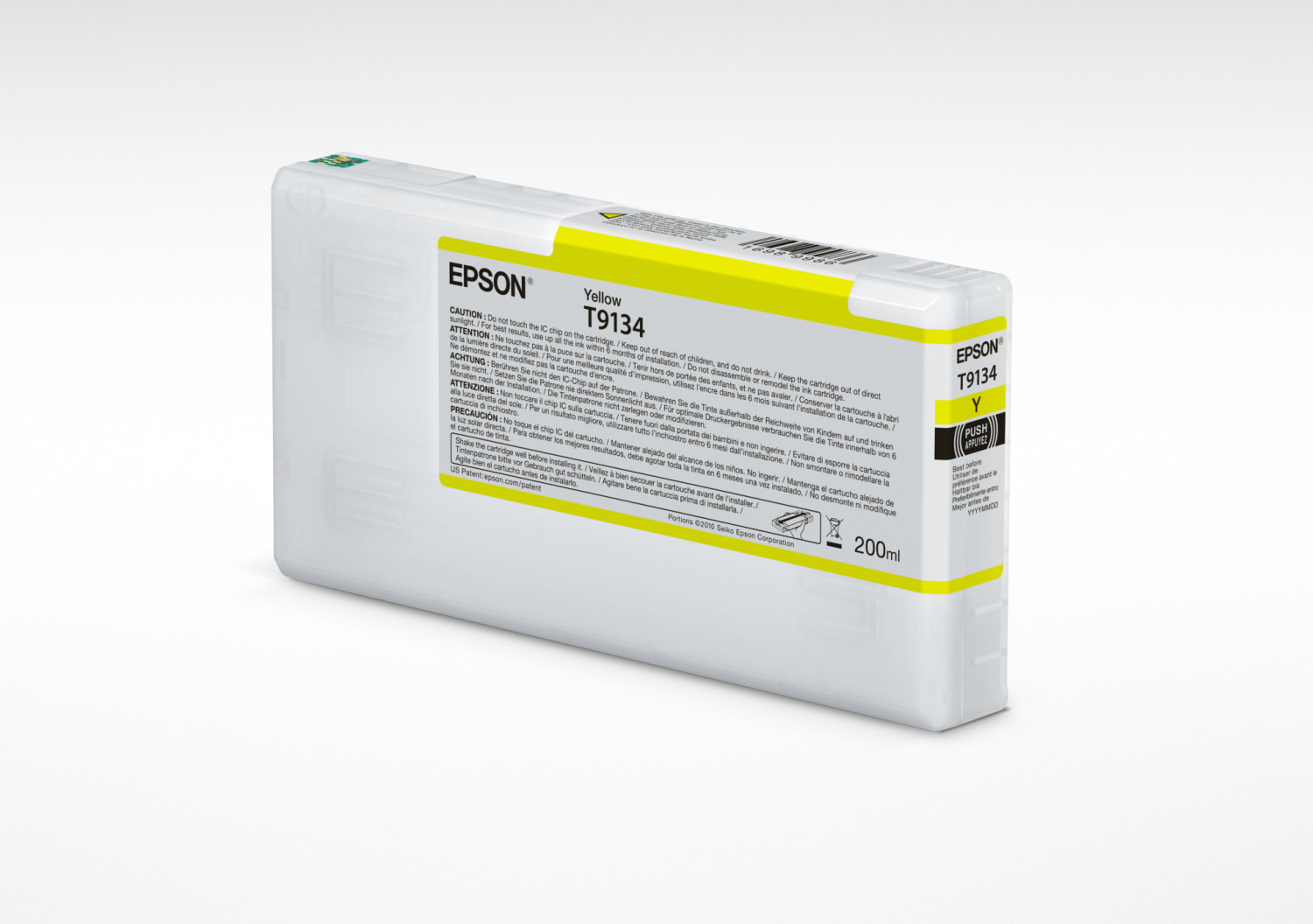 Cartuccia di inchiostro Epson T9134 gialla, sfondo bianco. Testo e avvertenze sono stampati sulla cartuccia.