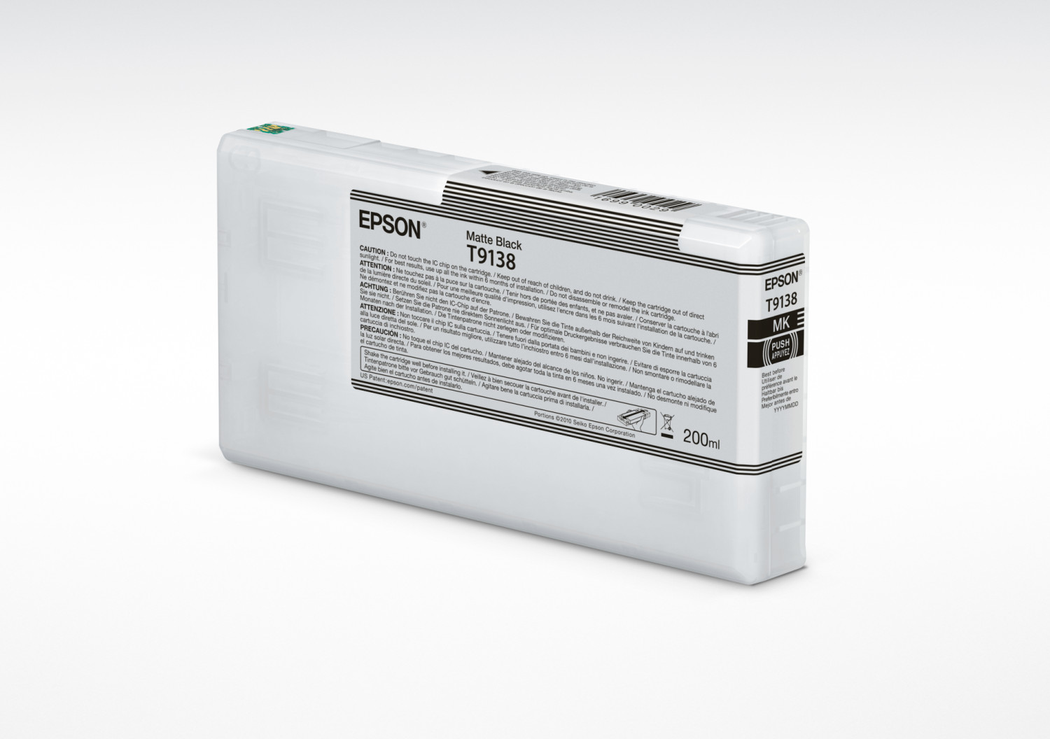 Eine weiße Epson Tintenpatrone mit schwarzem Text und weißem Hintergrund.