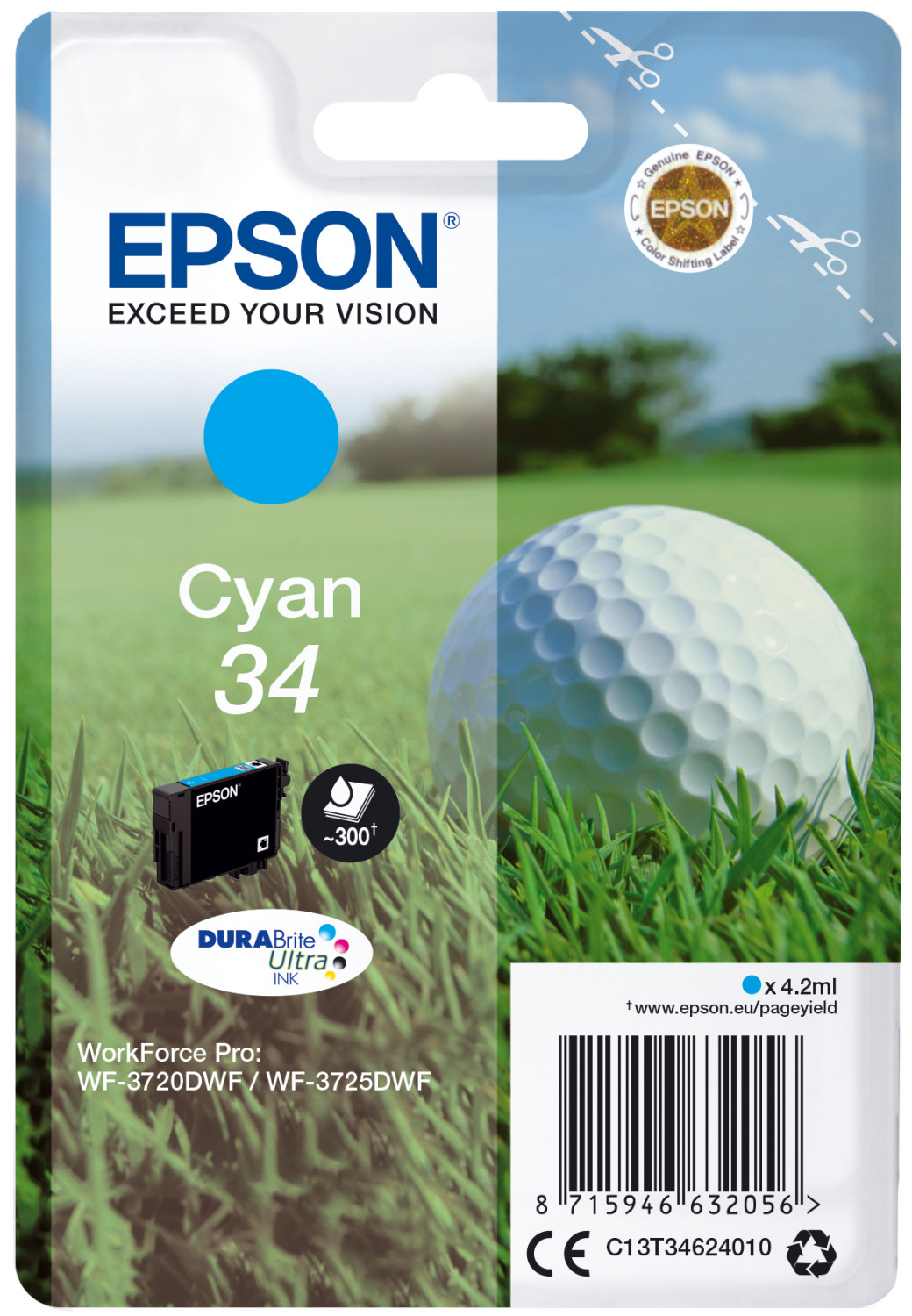 Cartuccia d'inchiostro, pallina da golf ed erba. Inchiostro ciano, marchio Epson. Sfondo bianco.