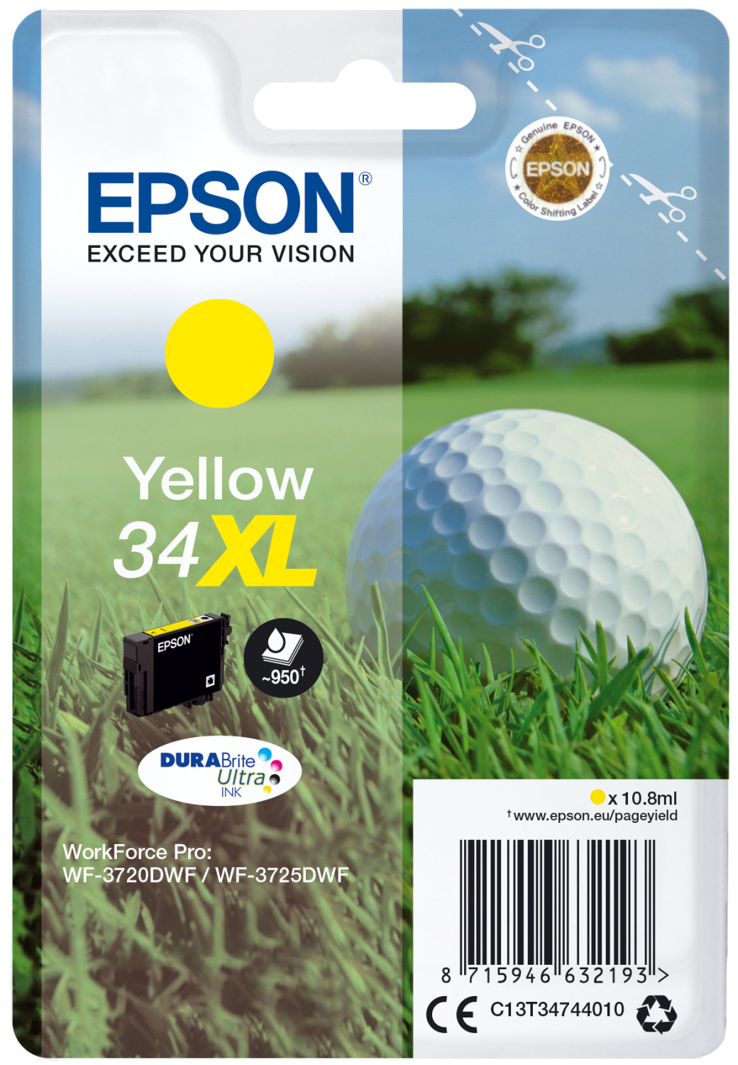 Paquete de cartucho de tinta Epson amarillo con pelota de golf y hierba verde.