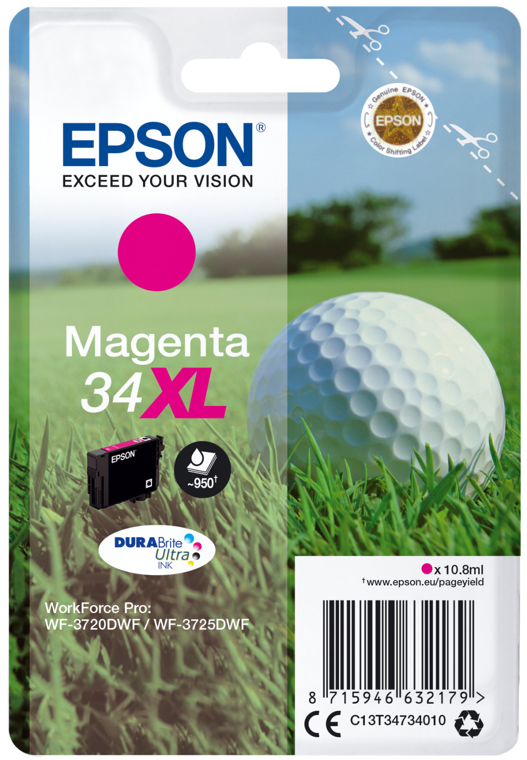 Opakowanie wkładu atramentowego Epson. Kolor magenta. Ilustracja piłki golfowej i tekst na zielonej trawie.