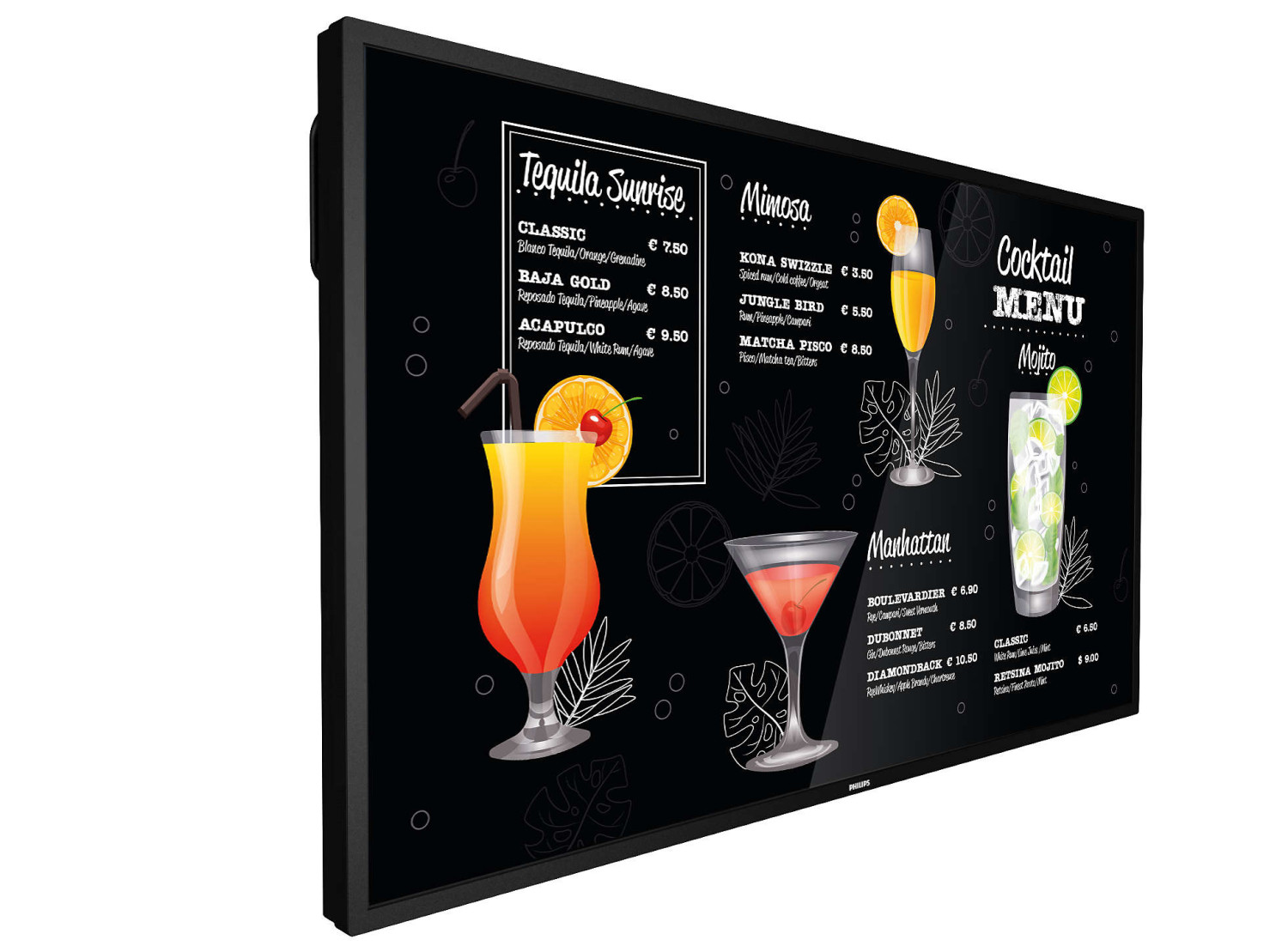 Schwarzes Display mit Cocktailkarte. Verschiedene Cocktailbilder und Namen sind angezeigt.
