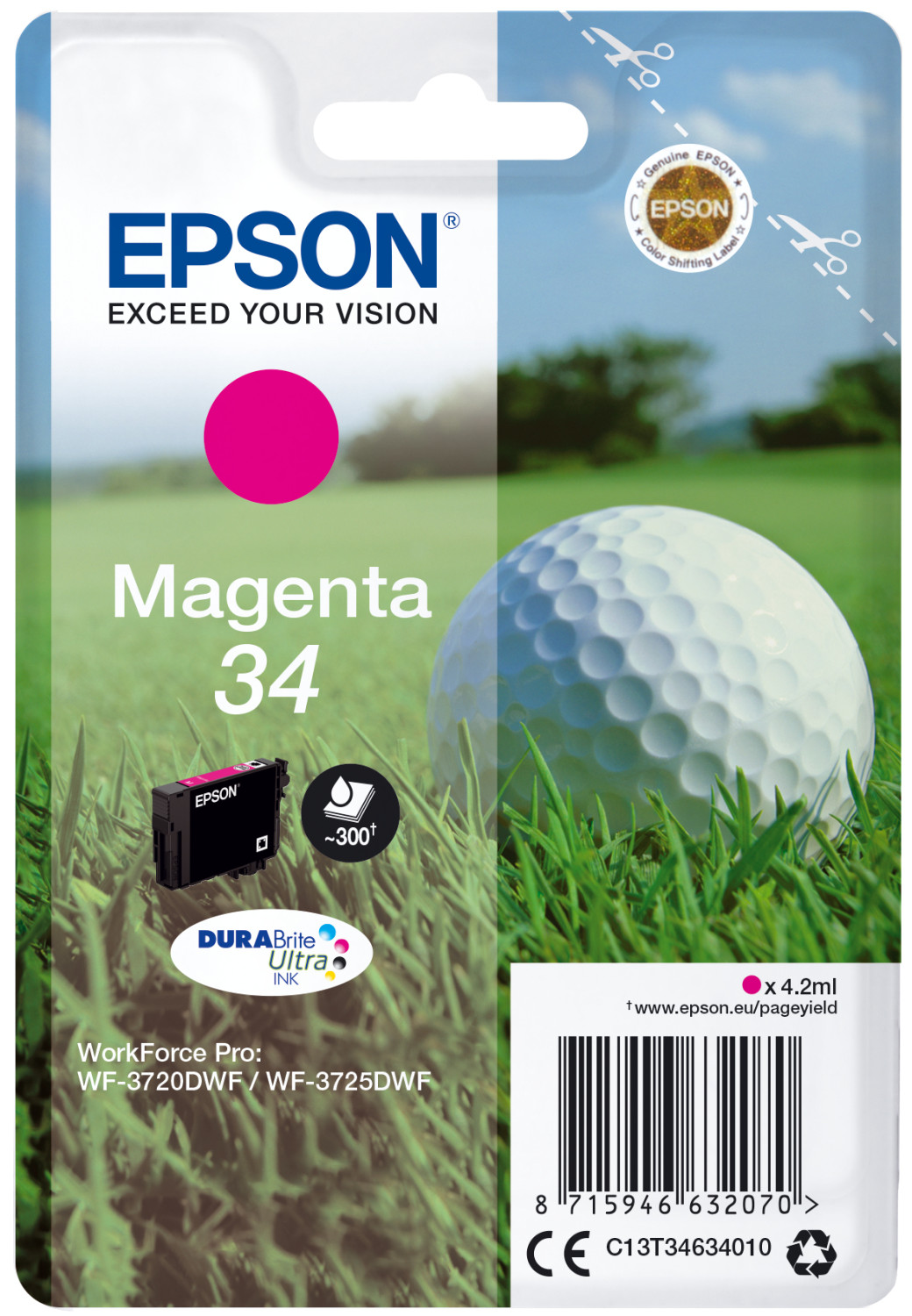 Embalaje de cartucho de tinta Epson con una pelota de golf y hierba en el fondo.