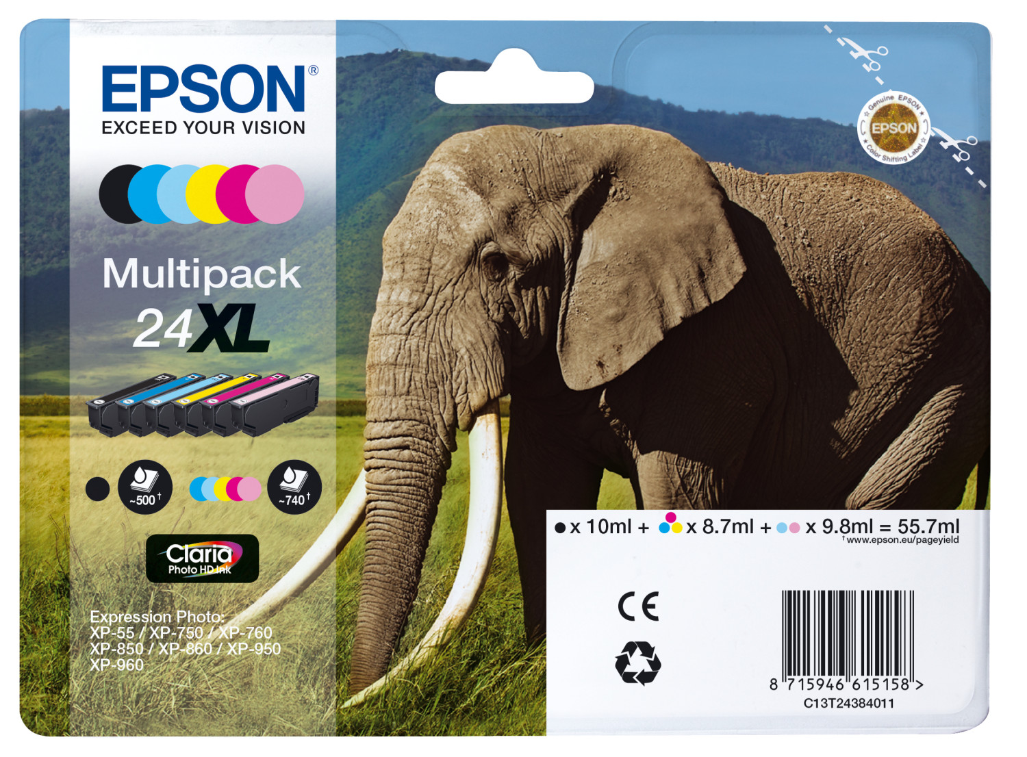 Multipack de cartouches d'encre Epson avec image d'éléphant, avec cartouches noires, cyan, jaunes et magenta.