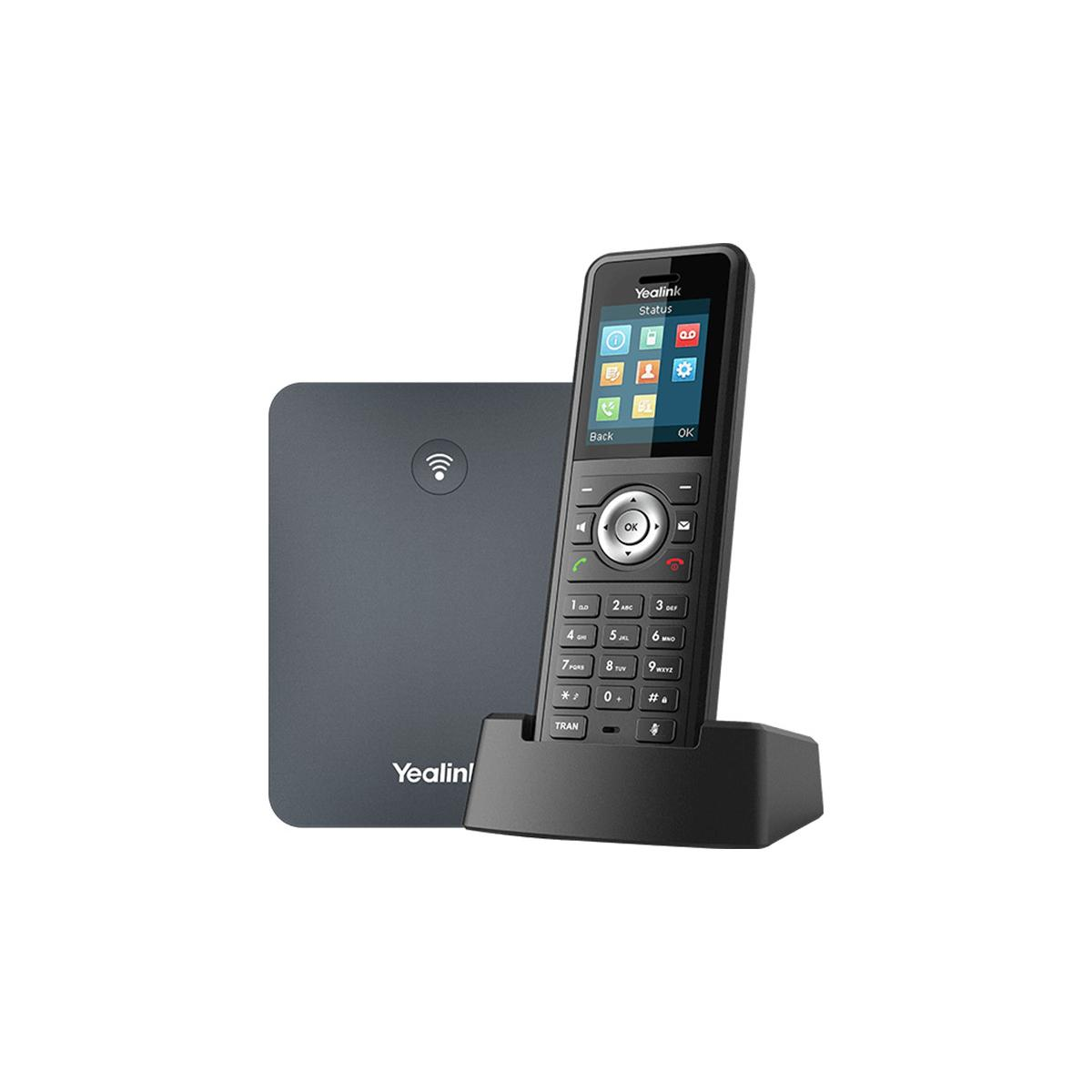 Sistema telefonico Yealink con base e portatile. Il telefono è nero con schermo a colori. Wireless.