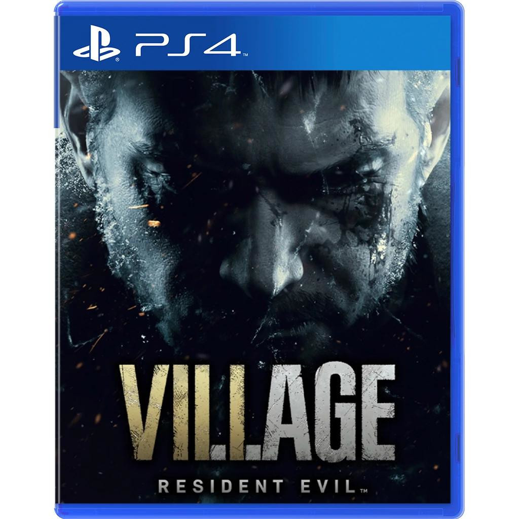 Portada del juego Resident Evil Village PS4, con la cara de un hombre sobre un fondo oscuro.