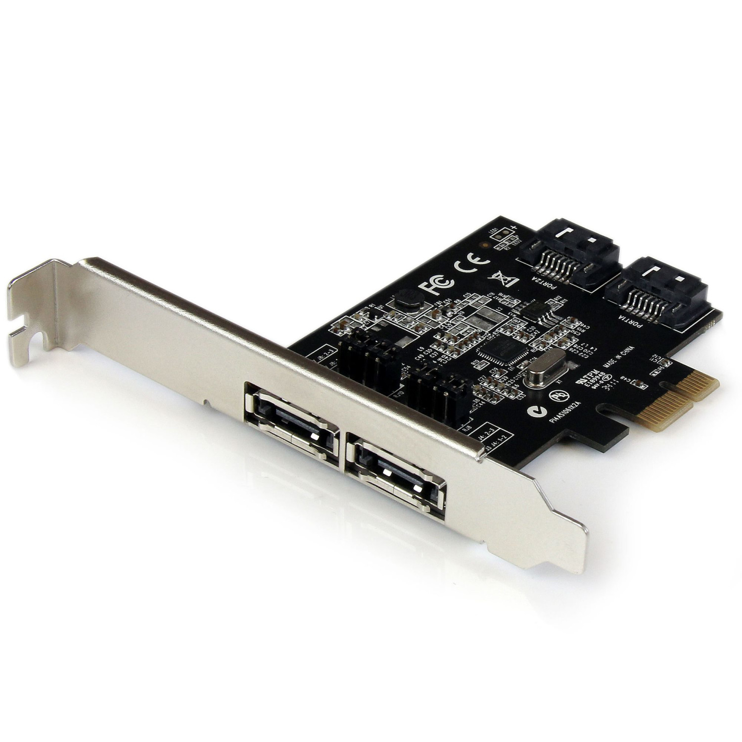 Una tarjeta USB PCI-e negra y plateada con dos puertos USB y componentes electrónicos.
