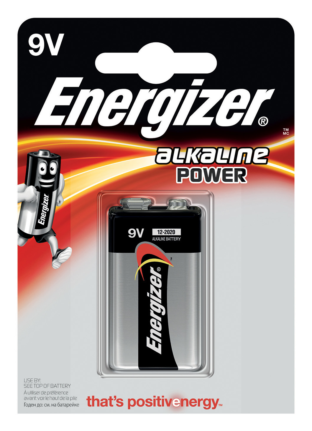 Opakowanie baterii Energizer 9V, z baterią i maskotką Energizer.