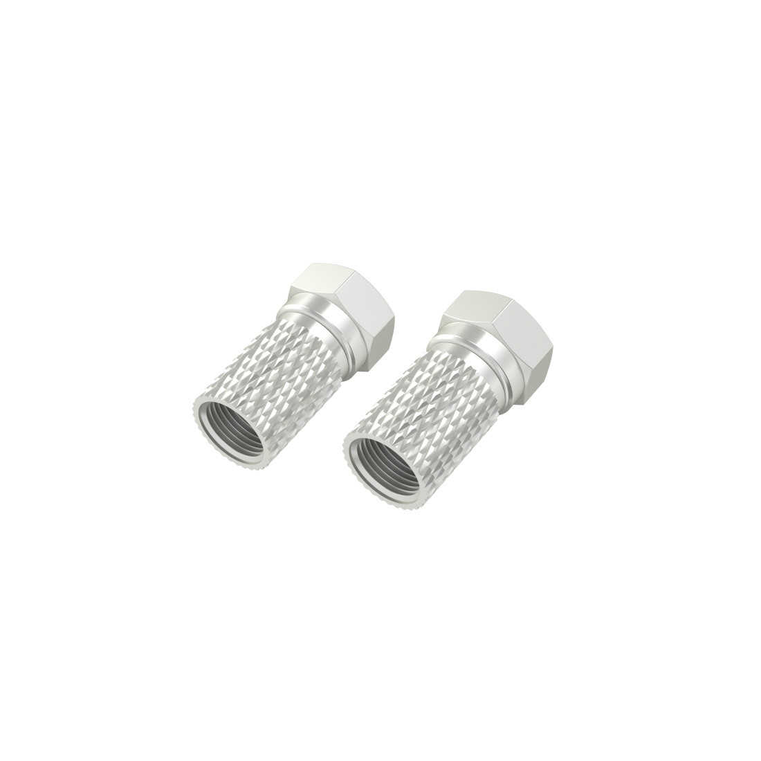 Zwei silberne Stecker auf weißem Hintergrund. Sie haben eine sechseckige Form.