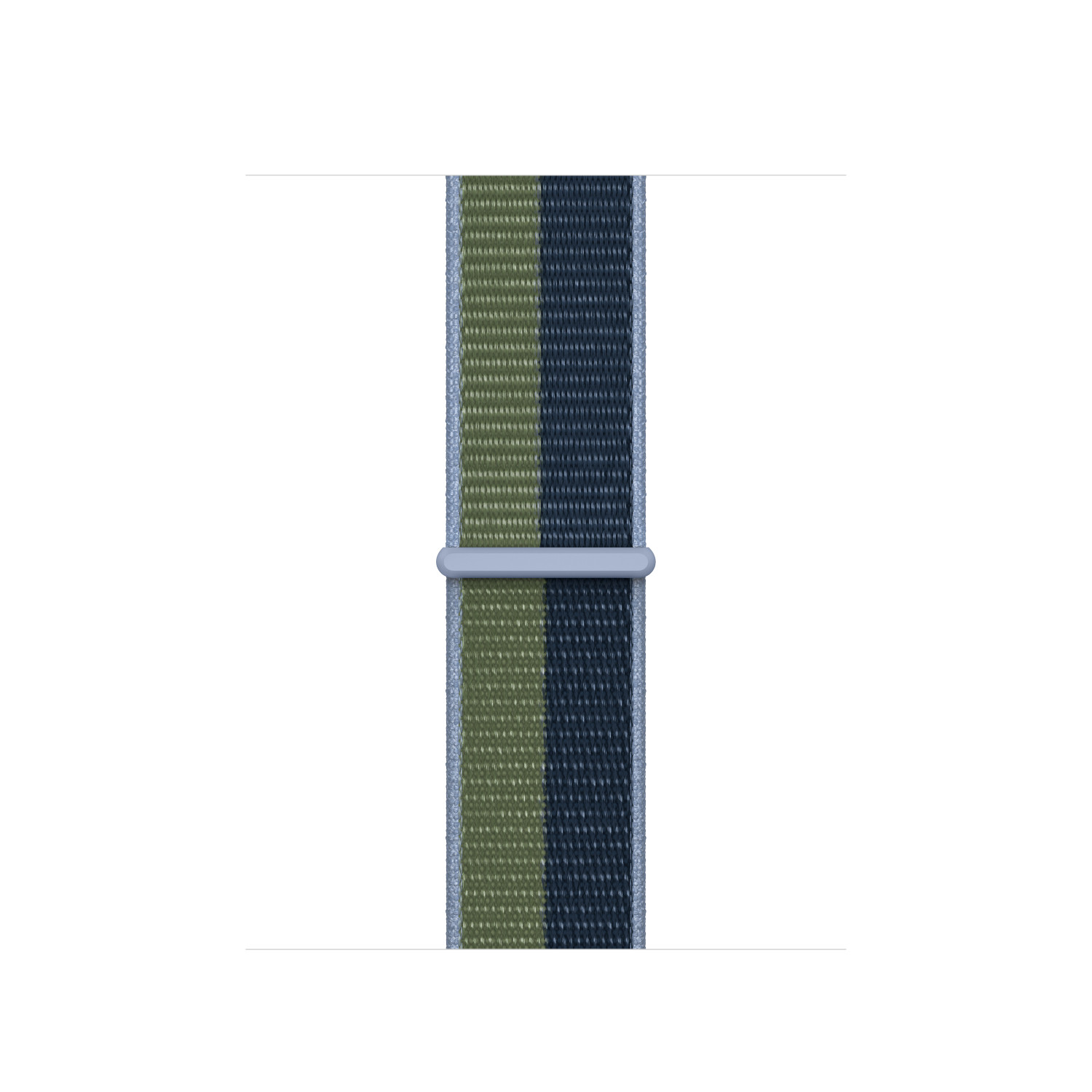 Watch strap with green and blue stripes. Silver-colored ring. White background. Top view.