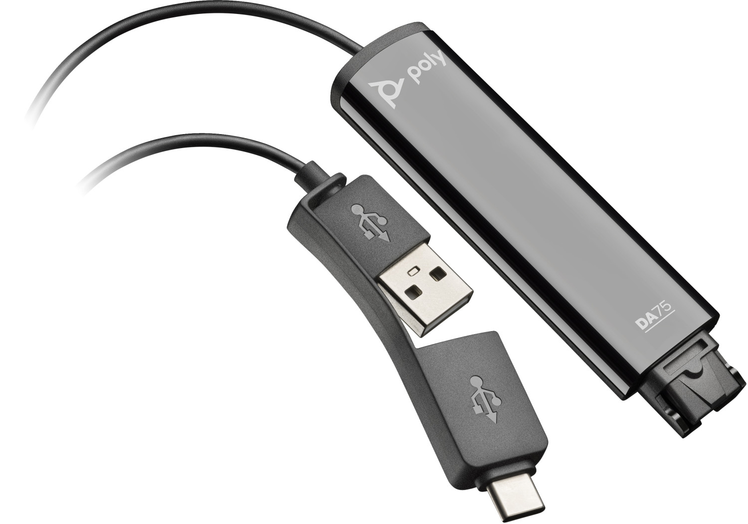 Schwarzer USB-C-Adapter und Kabel mit Poly-Logo, vor weißem Hintergrund.
