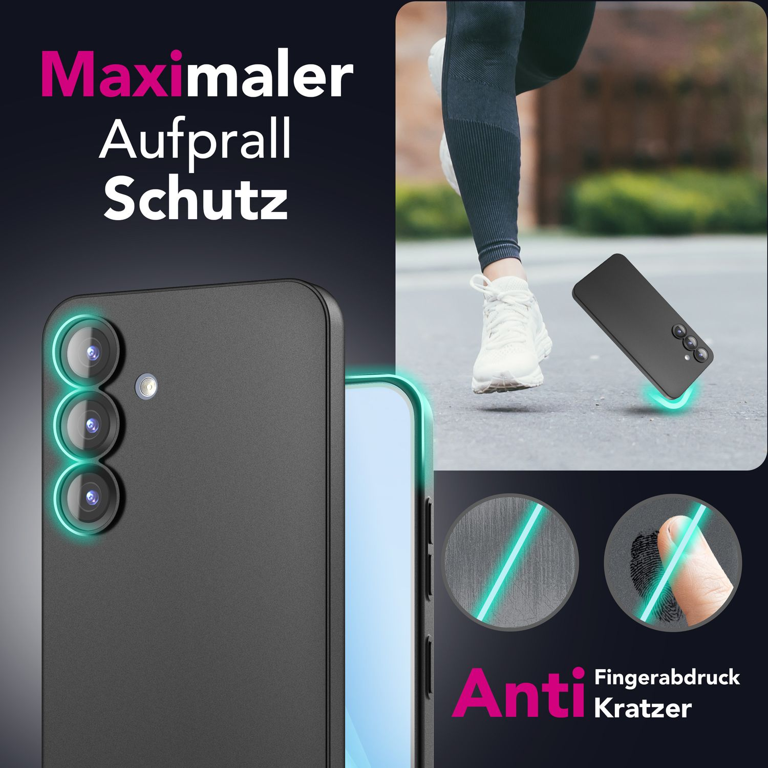 Schwarze Handyhülle mit Grafik und Text. Zeigt Telefon und Finger.