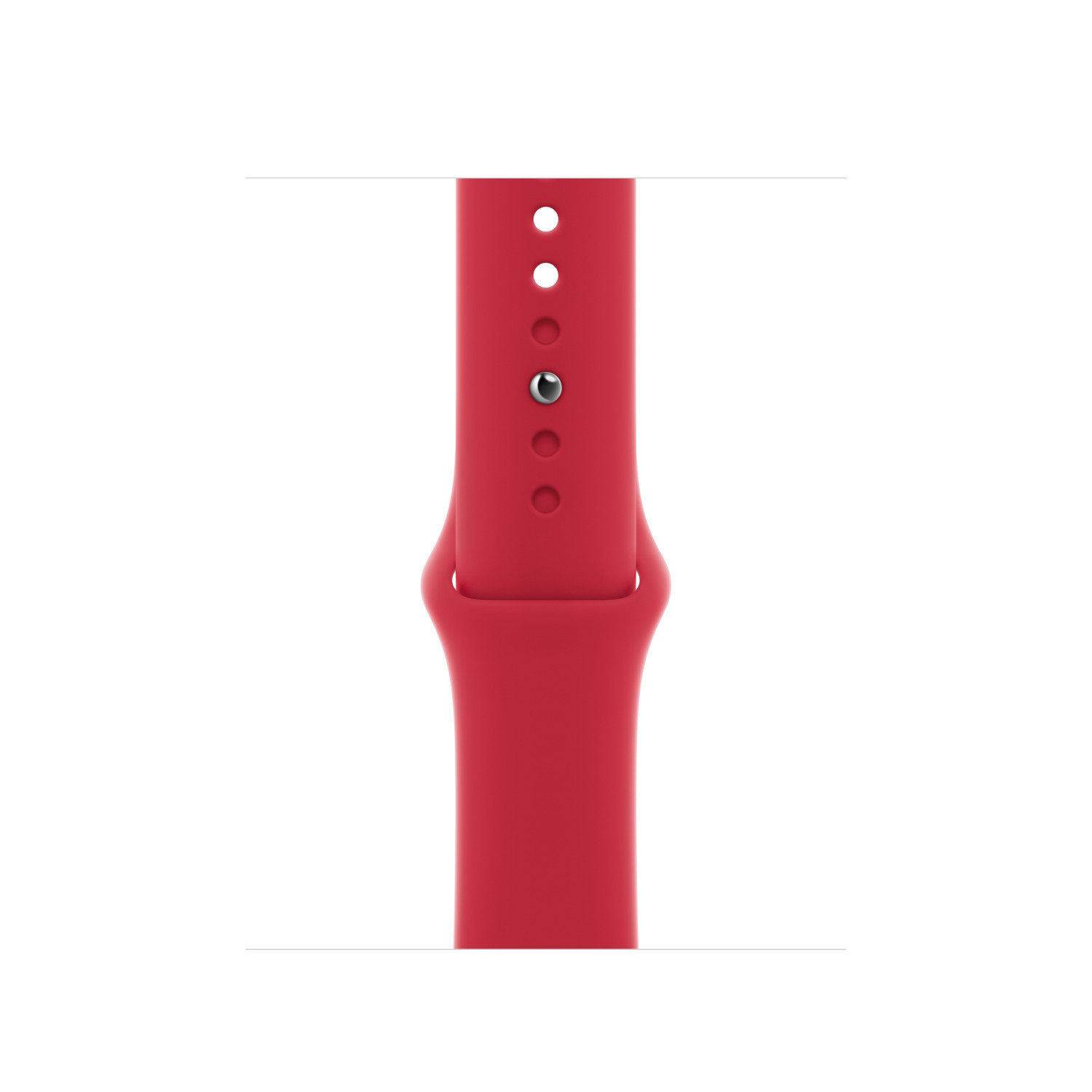 A red Apple Watch band. Three holes are visible. A silver clasp is attached.  It is against a white background.