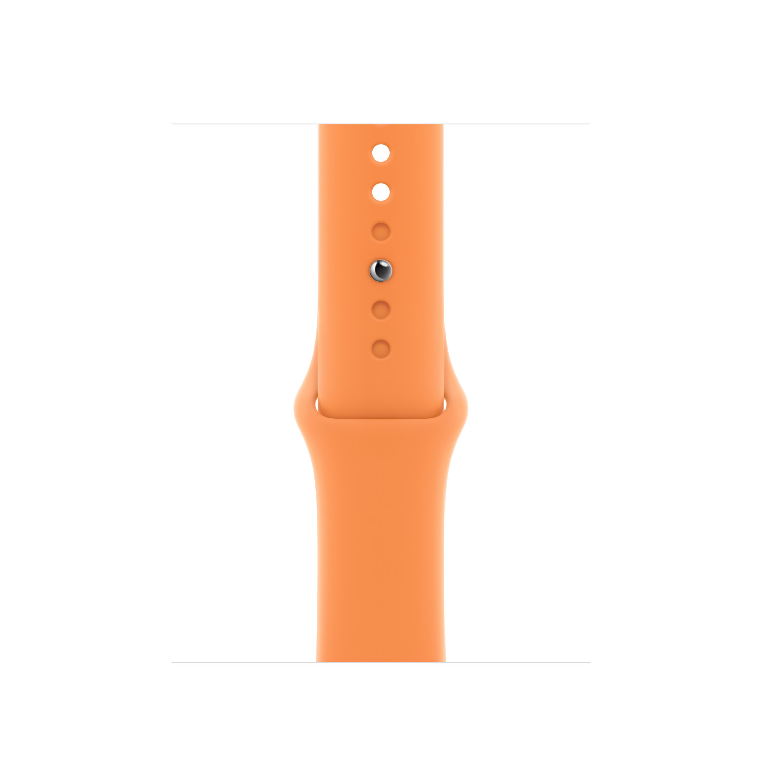 Bracelet de montre orange, avec des trous pour le réglage et une goupille, fond blanc.