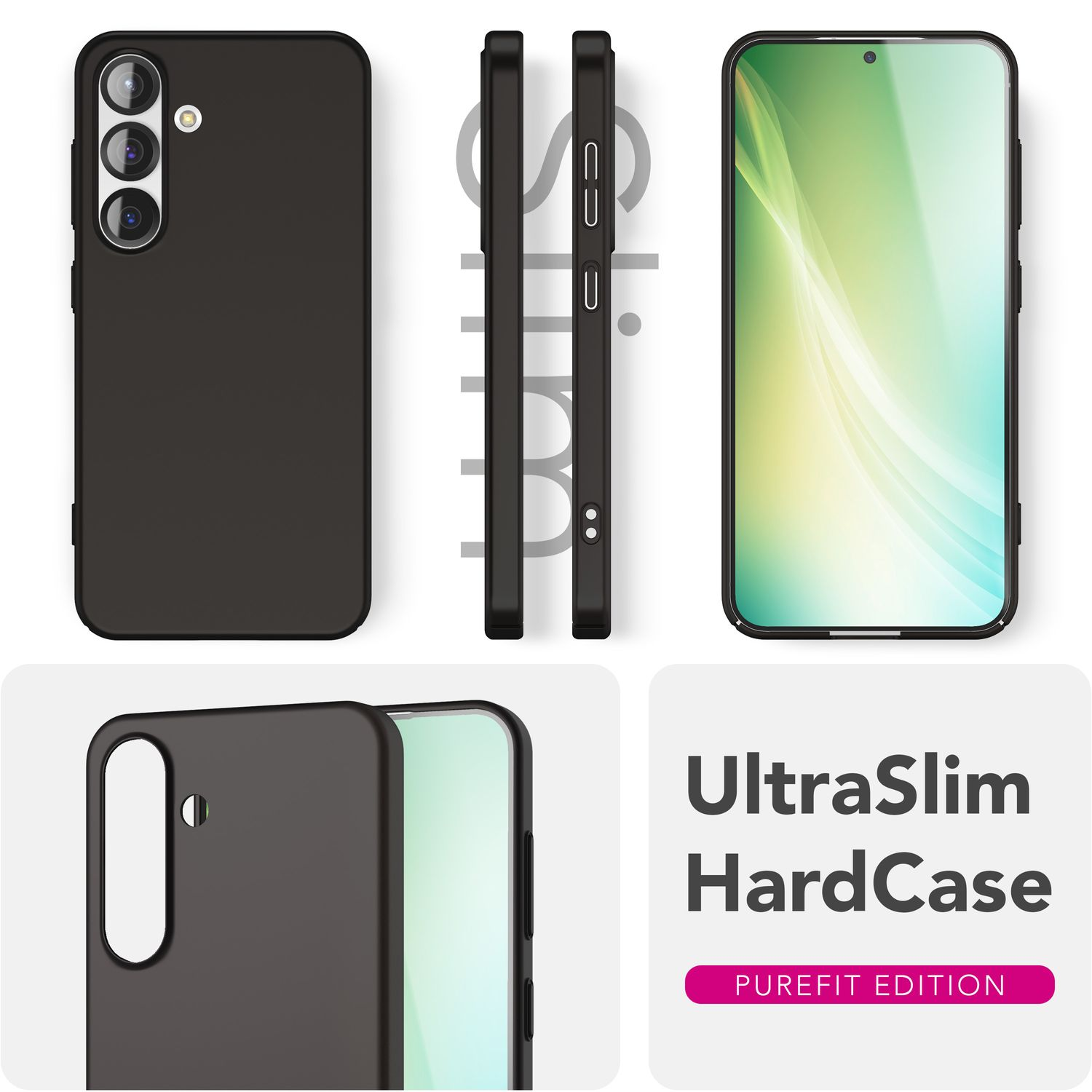 Eine schwarze Handyhülle mit Vorder-, Seiten- und Draufsicht, mit den Worten 'UltraSlim HardCase'.