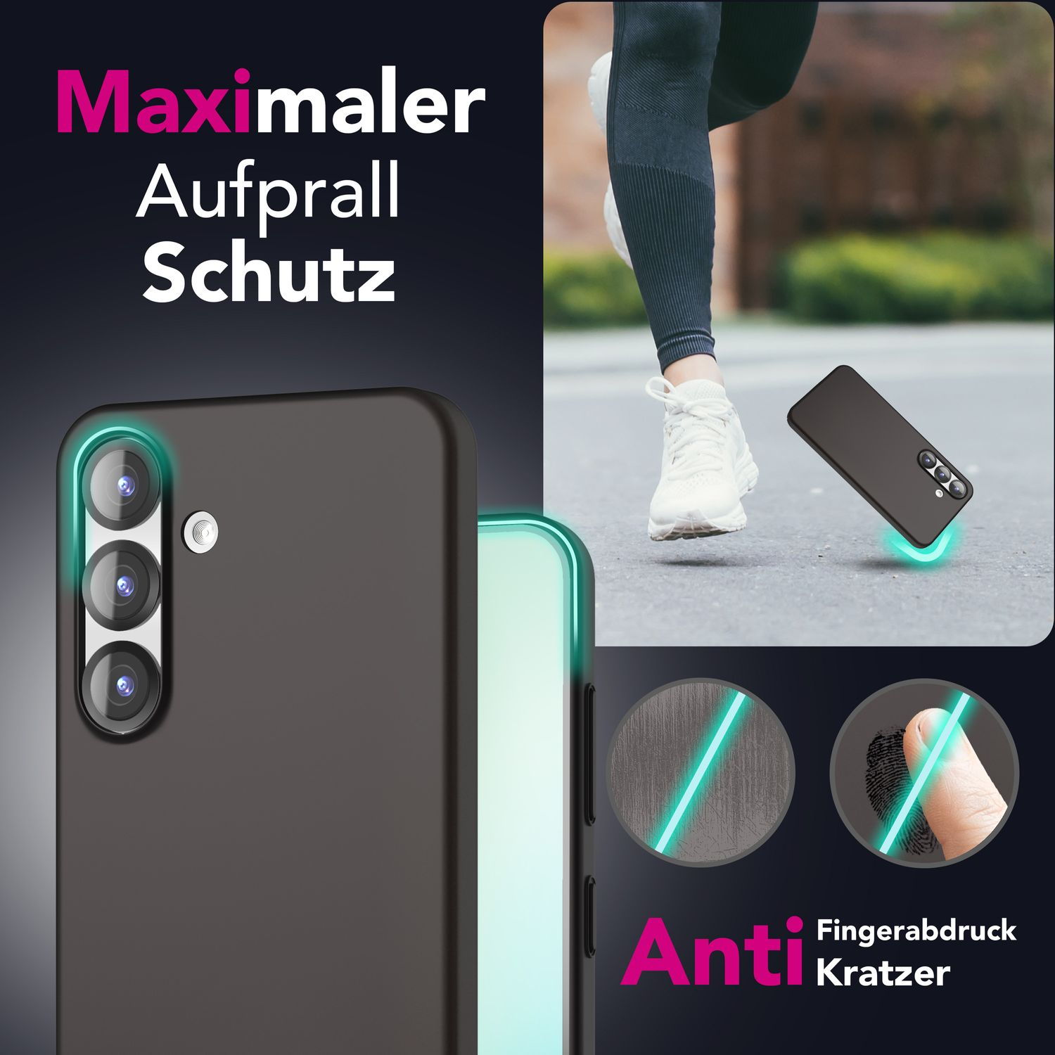 Ein Telefon mit schwarzer Hülle fällt und zeigt Fingerabdruckresistenz.