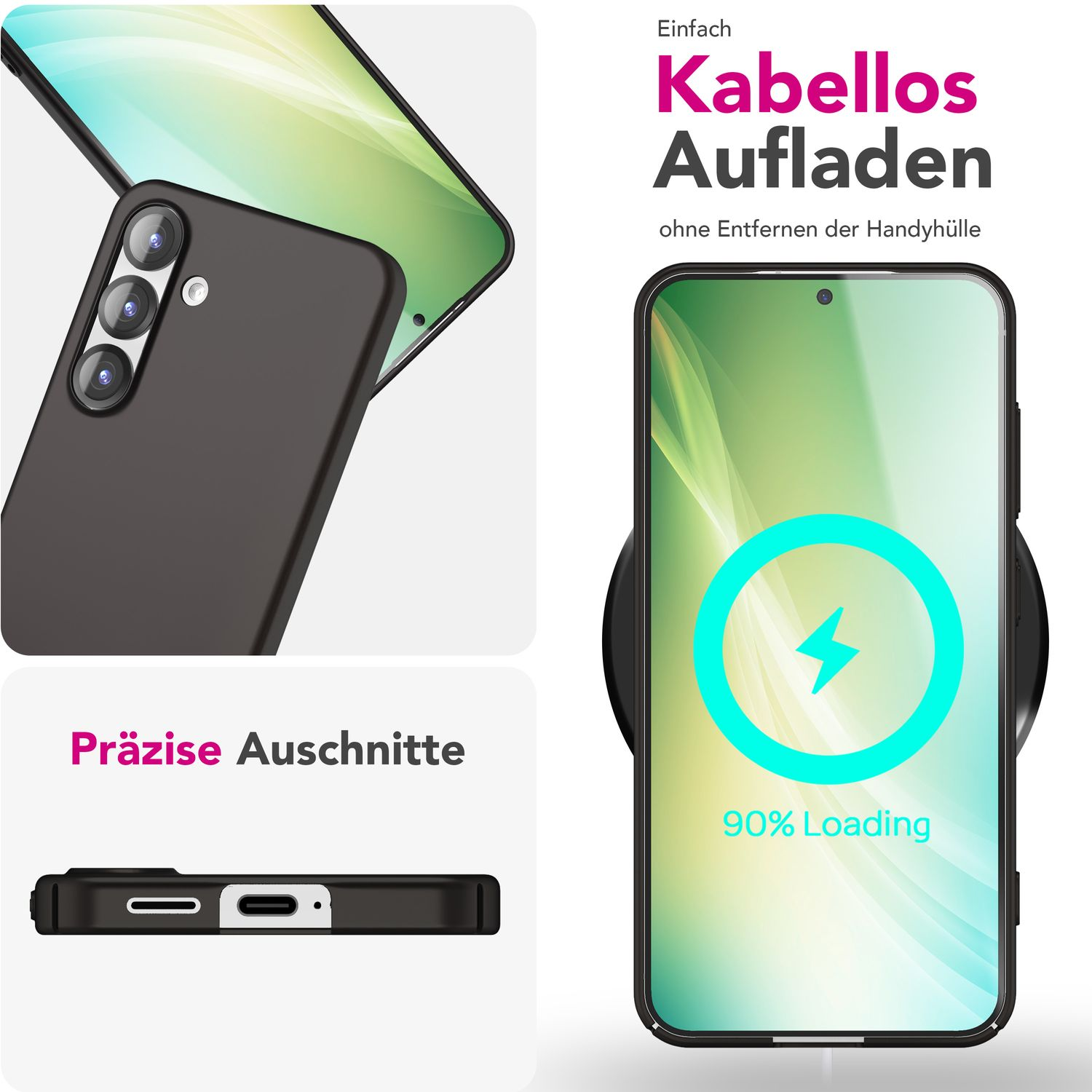 Eine Handyhülle mit Telefon auf einer Ladestation, zeigt 90% Ladung, mit Text und Details.