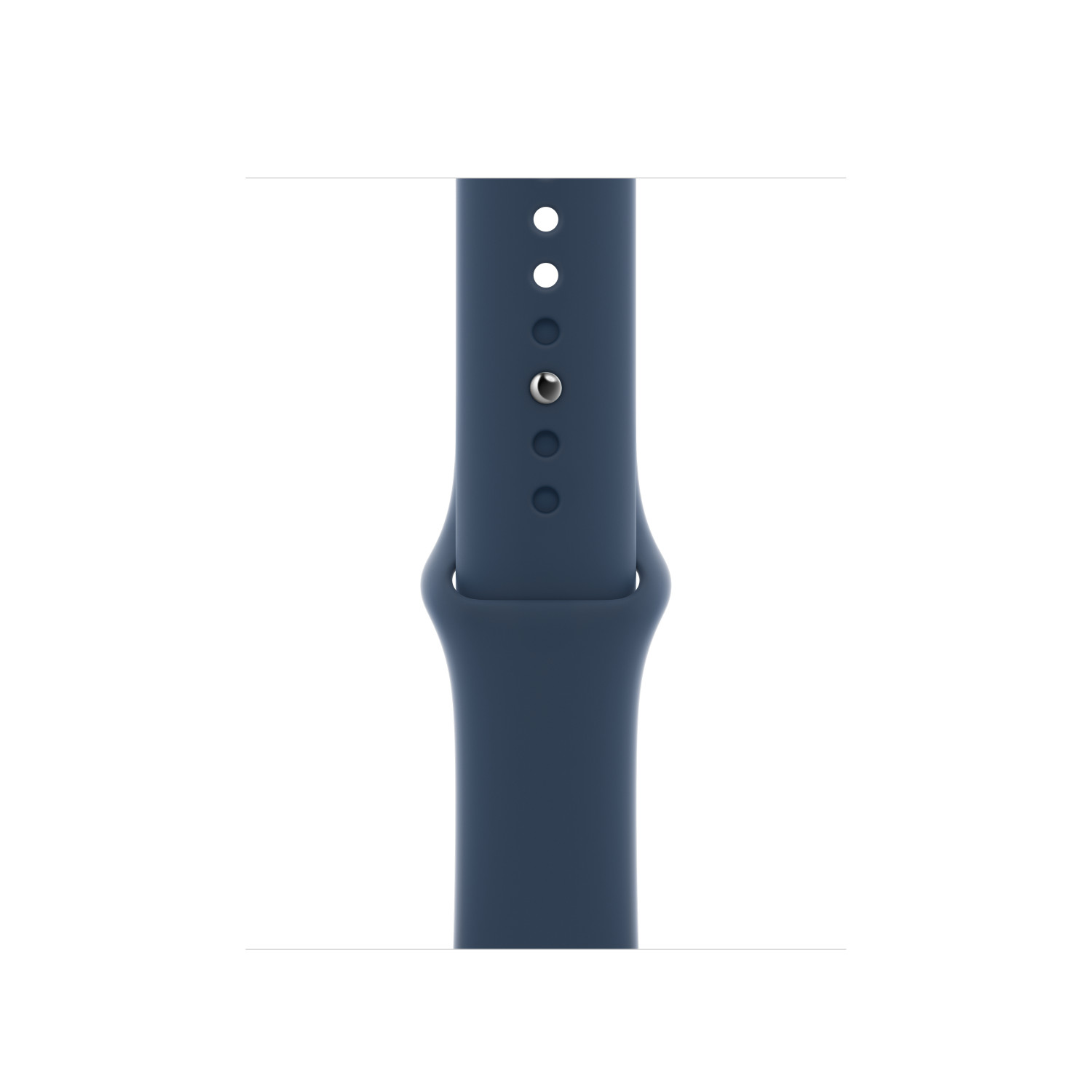A blue Apple Watch band. Three holes are visible. A silver clasp is attached. It is against a white background.