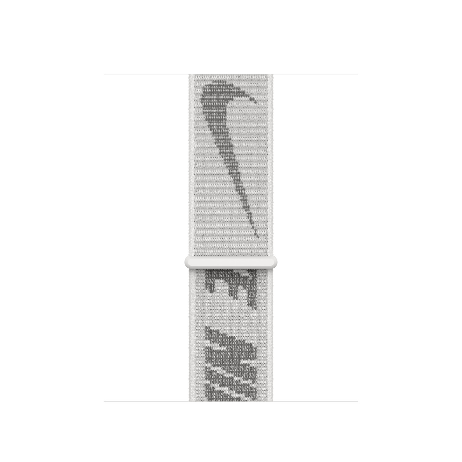 Un bracelet de montre Nike blanc avec le logo Nike gris répété. Le fond est blanc.