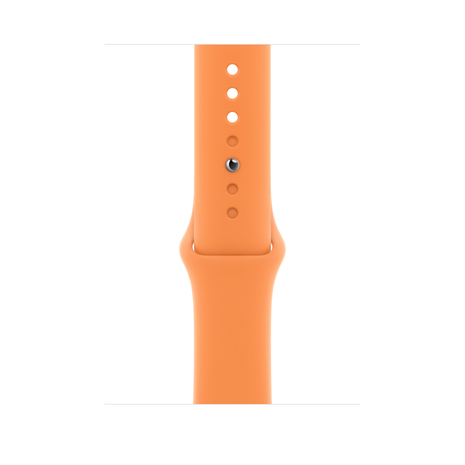 Bracelet Apple Watch orange avec quatre trous et un fermoir argenté sur fond blanc.