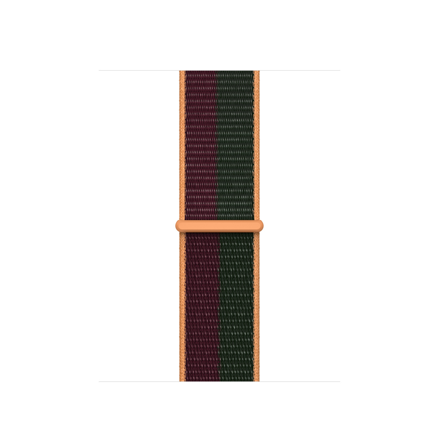 Horlogeband met groene en bordeauxrode strepen, oranje ring, witte achtergrond.