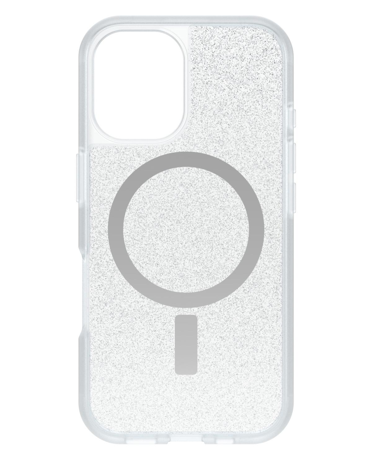 Coque de téléphone transparente avec cercle et ligne MagSafe. Coque transparente pailletée. Fond blanc.