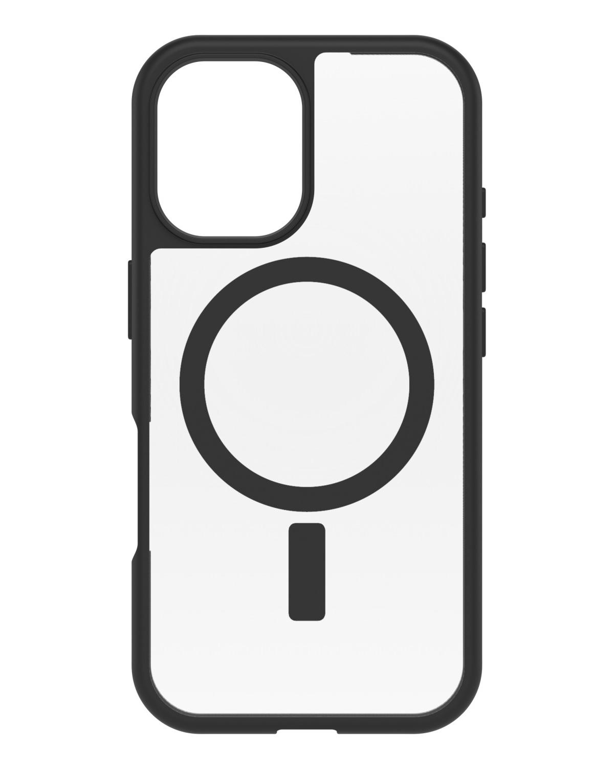 Une coque de téléphone transparente avec un bord noir et un motif de cercle et de barre noir au milieu.