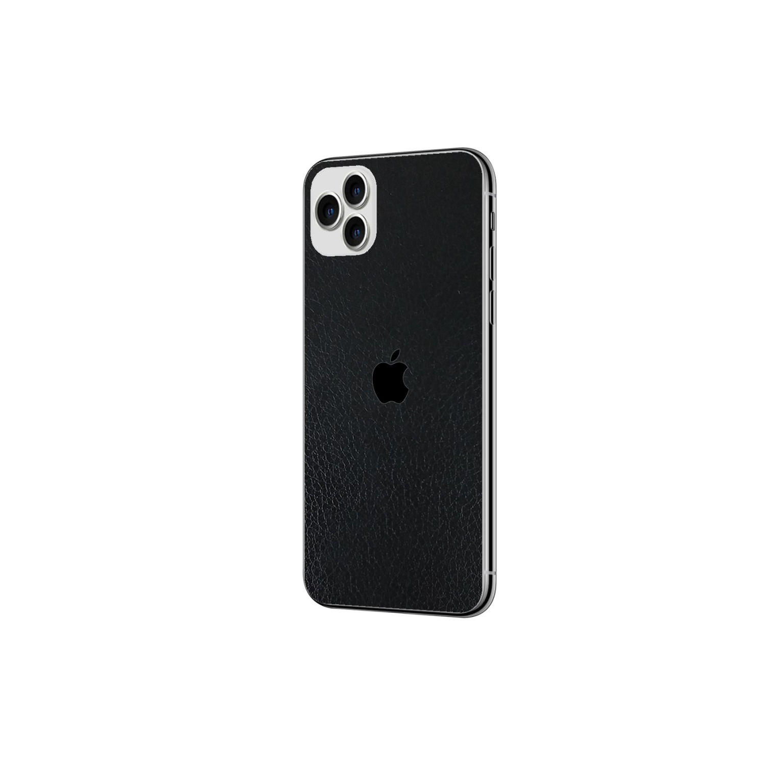 iPhone nero con retro in pelle e logo Apple. Su una superficie bianca.