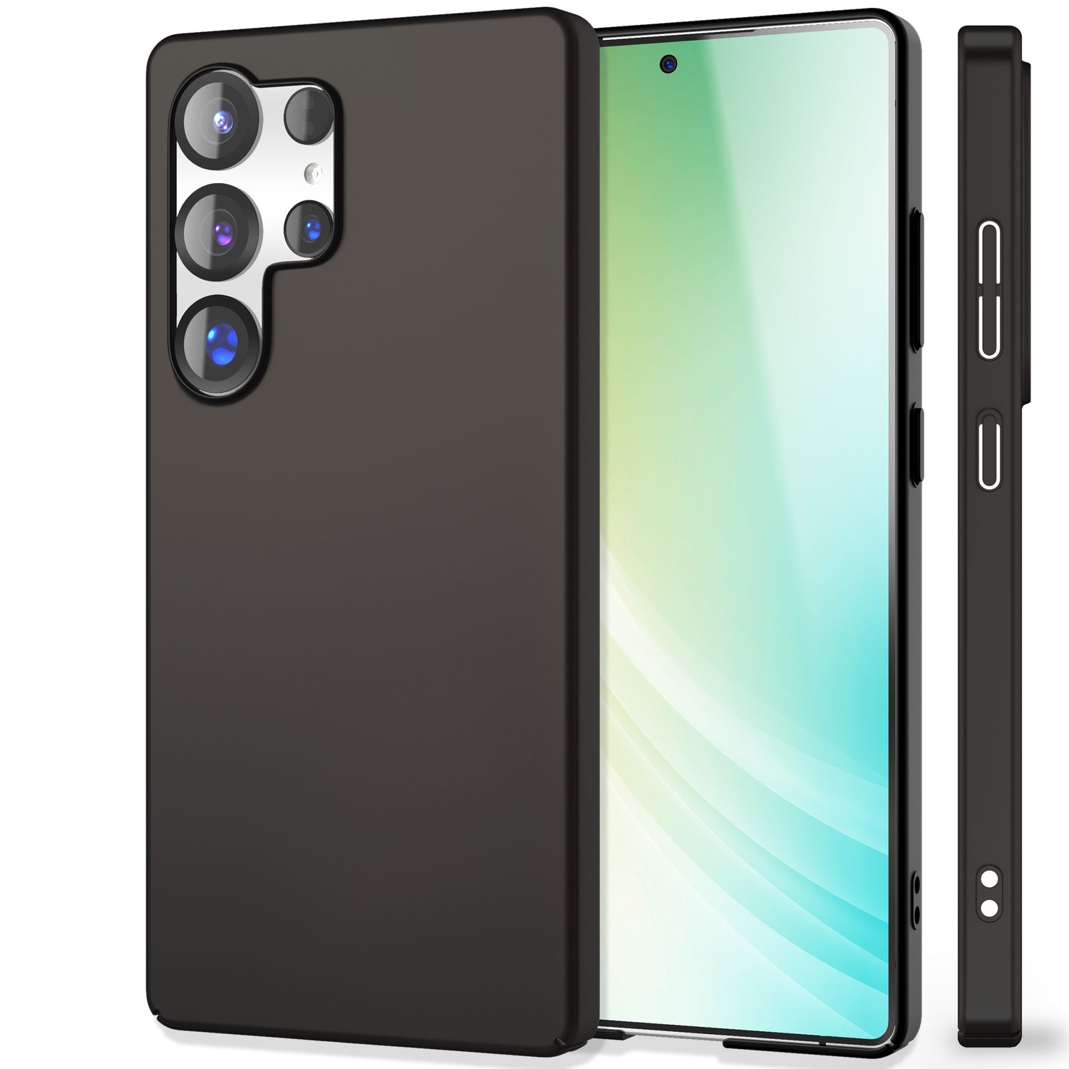Schwarze Handyhülle mit Telefon und Seitenansicht.