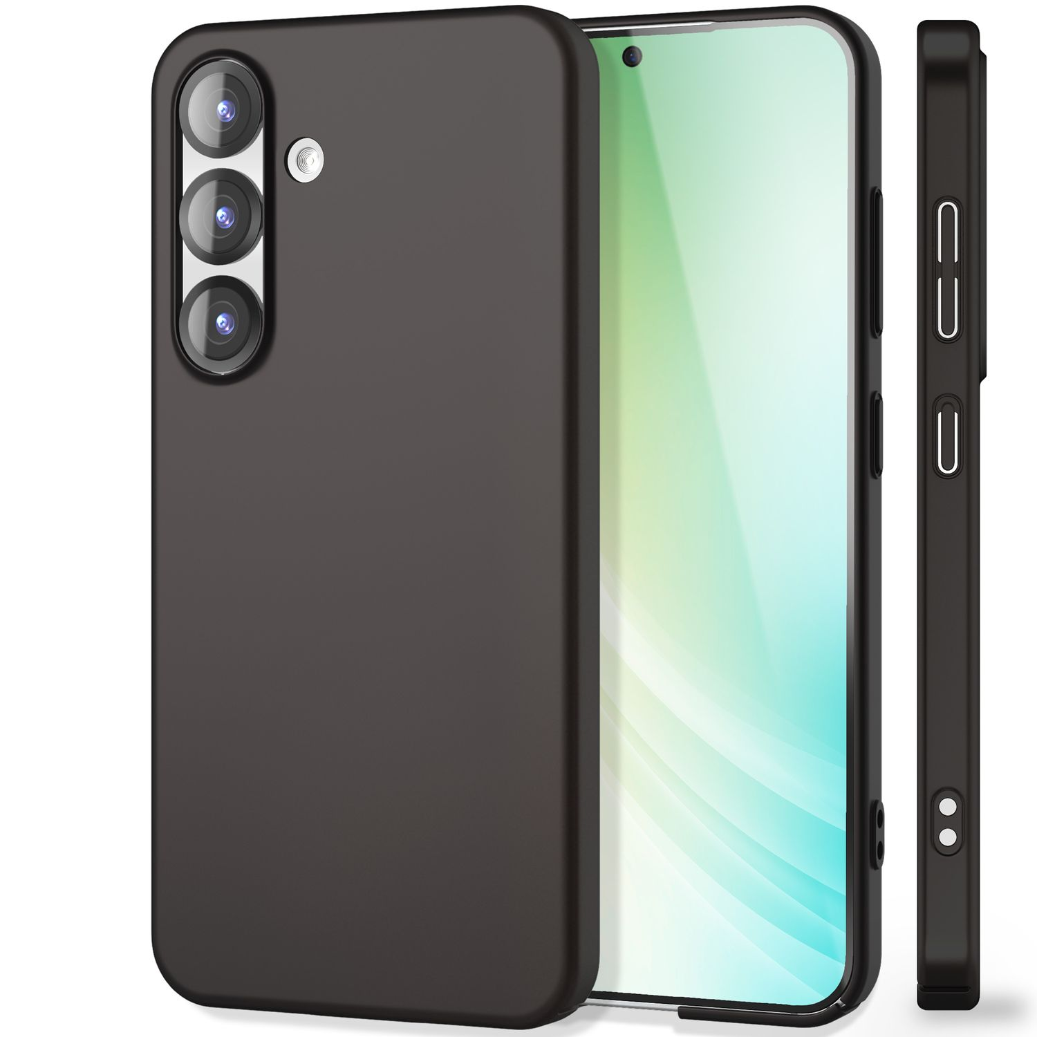 Schwarze Handyhülle mit drei Kameras und Displayschutzfolie auf einem Handy.