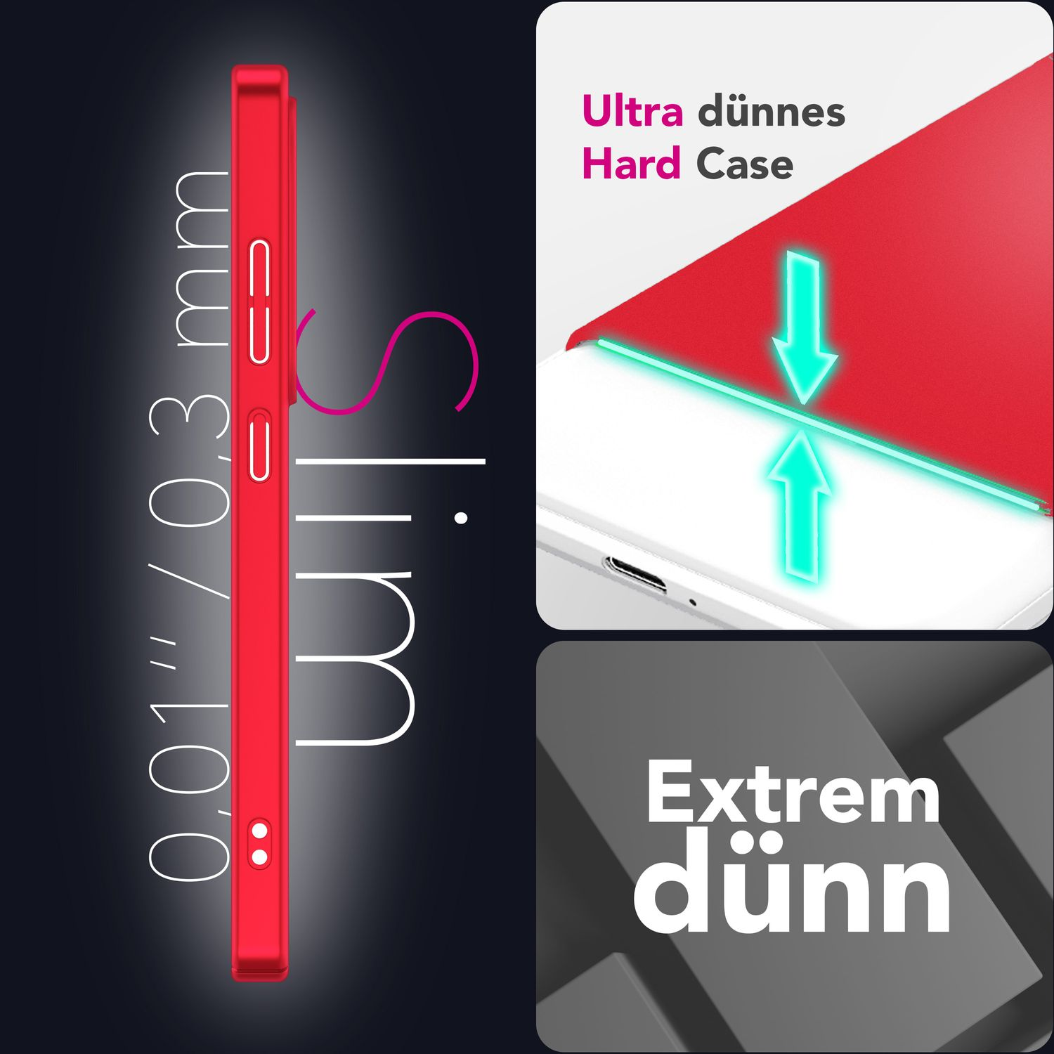 Rote Handyhülle mit 'Slim'-Etikett. Zeigt Dicke von 0,01/0,3 mm. 'Ultra dünnes Hard Case' und Pfeile.