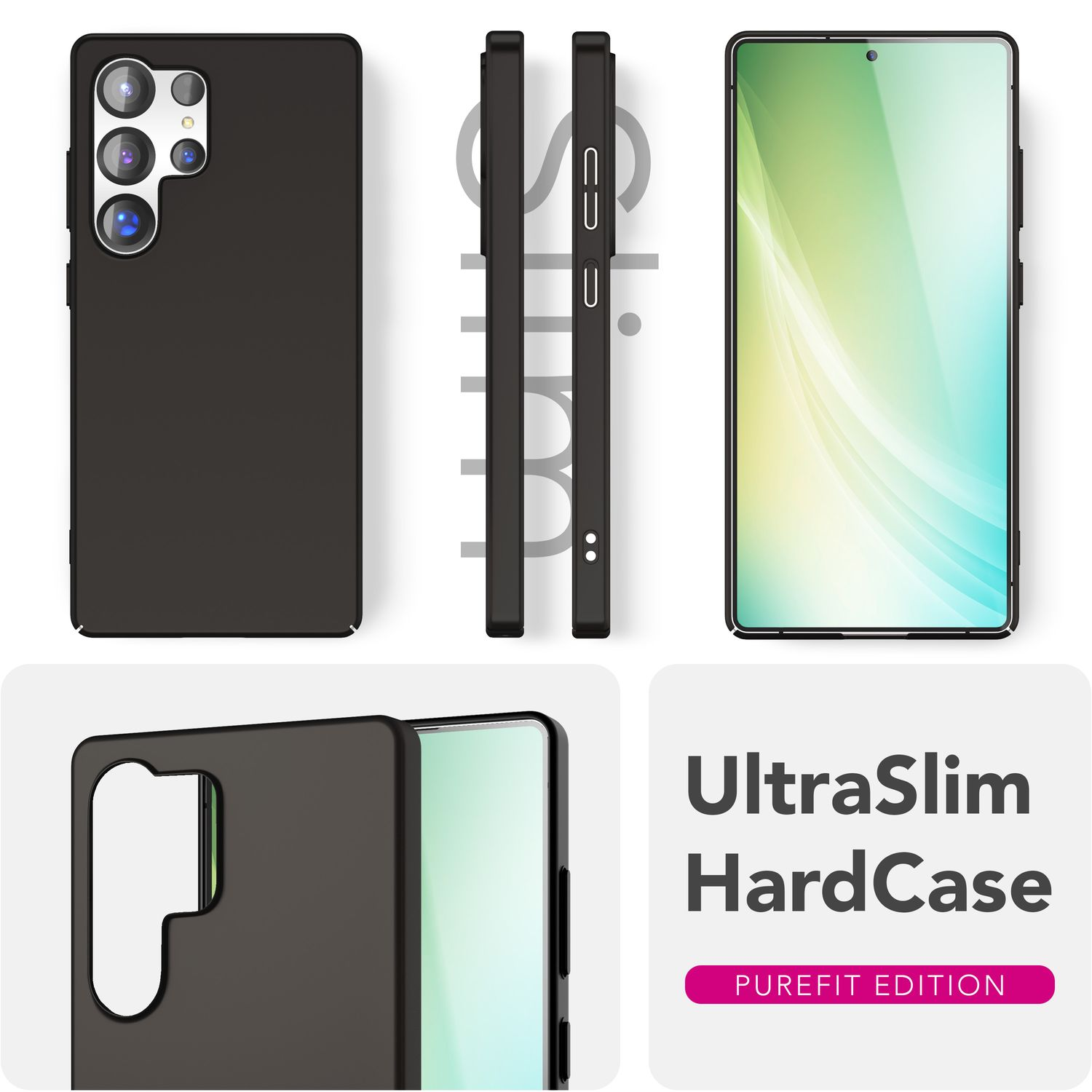 Eine schwarze Handyhülle aus mehreren Blickwinkeln. Sie hat einen Kameraausschnitt, Knöpfe und den Text: UltraSlim HardCase, Purefit Edition.