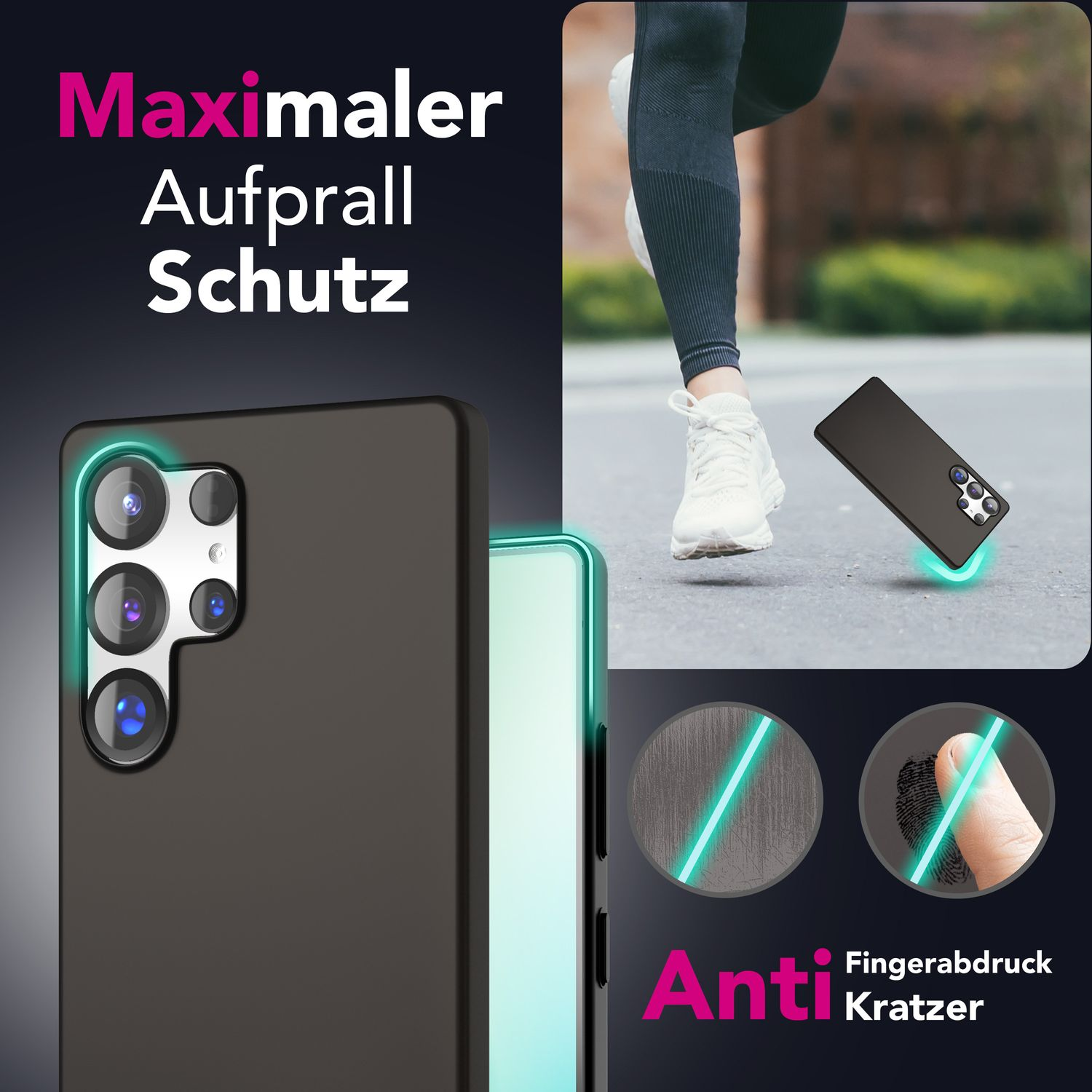 Schwarze Handyhülle mit Text und eine Person läuft im Hintergrund.