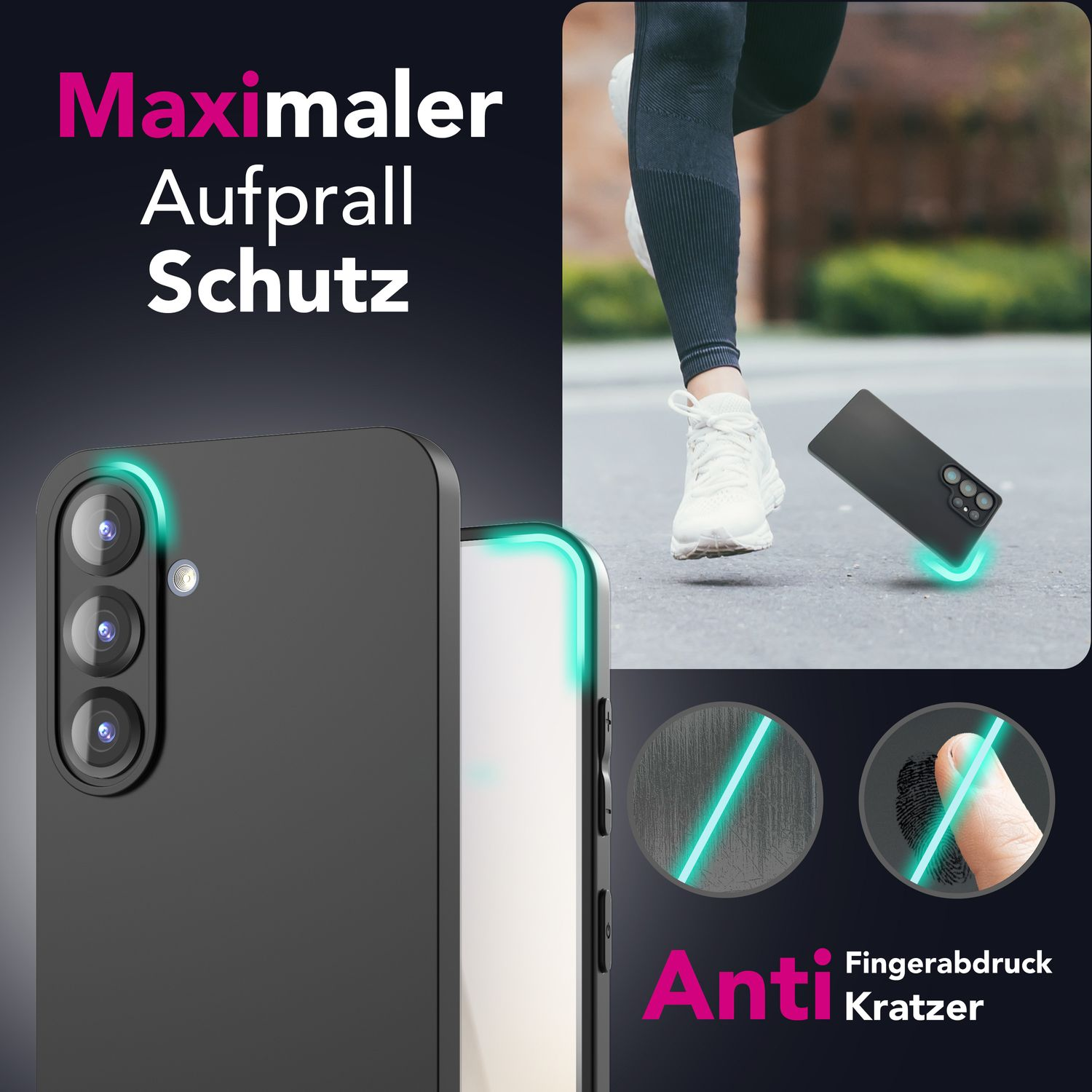 Schwarze Handyhülle mit grünem Leuchten um die Kamera und Kanten; kratzfest, Anti-Fingerabdruck.