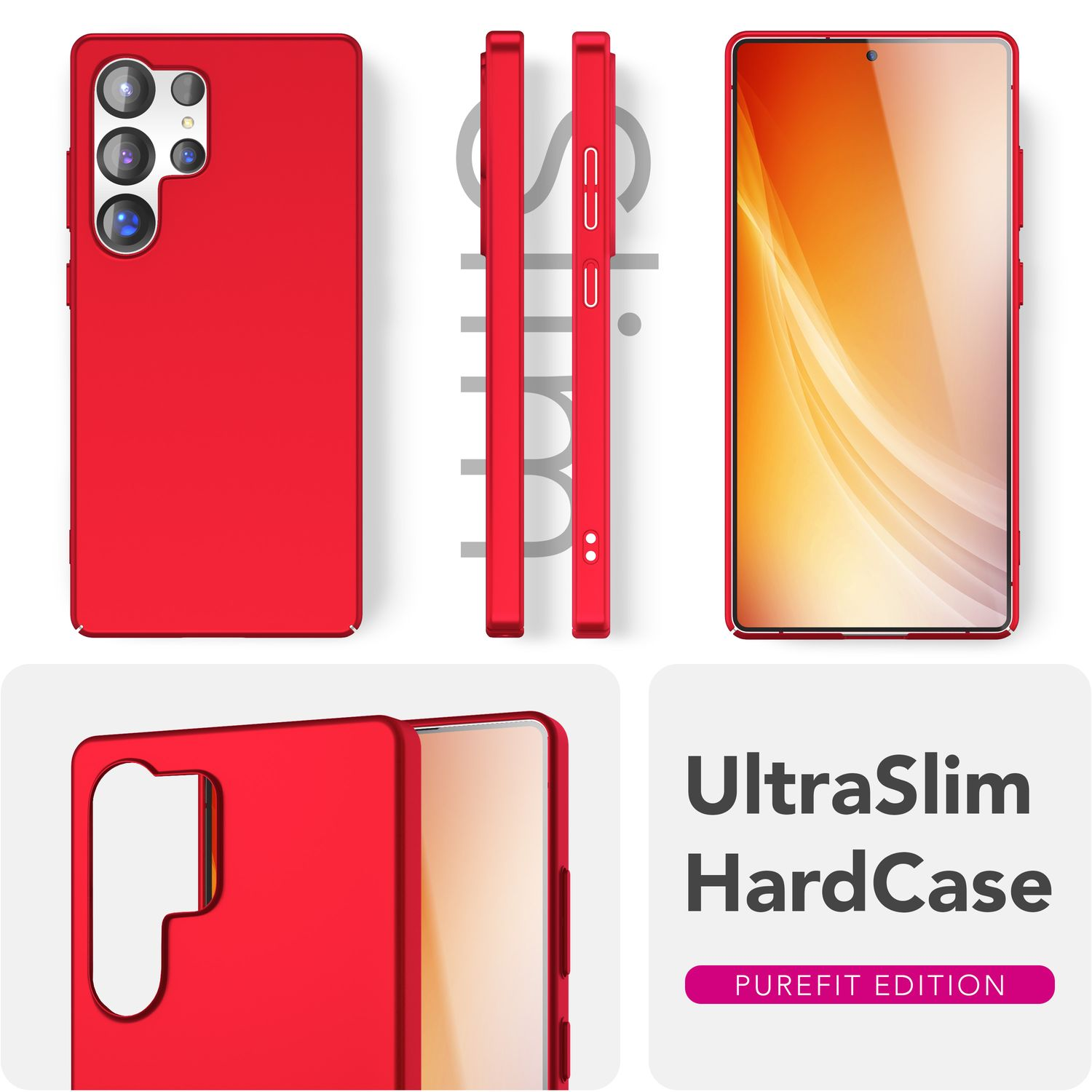 Rote Handyhülle. Mehrere Ansichten. Text: UltraSlim HardCase. Weißer Hintergrund.